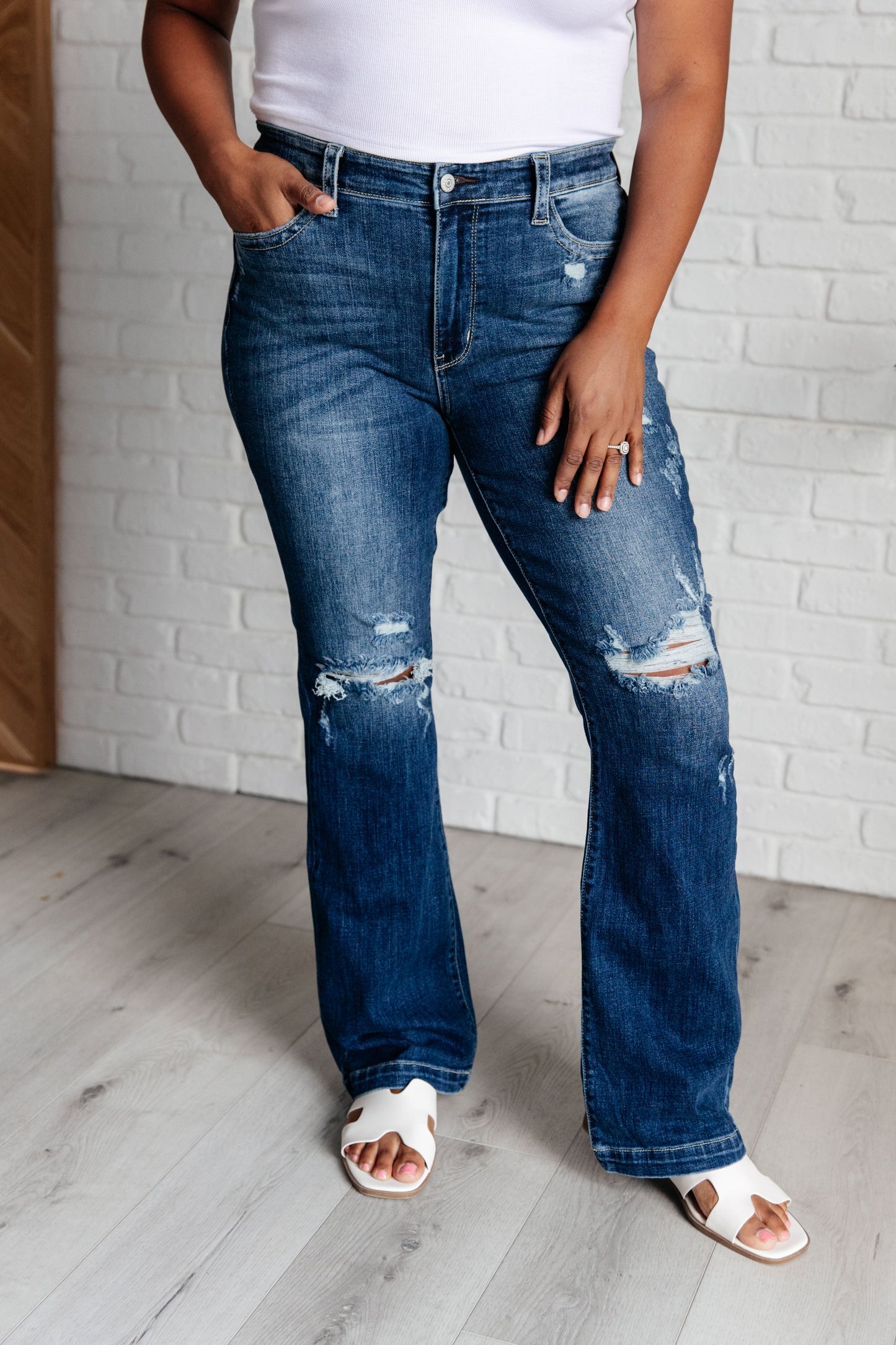 Judy Blue-Mila Mid Rise Distressed Bootcut Jeans