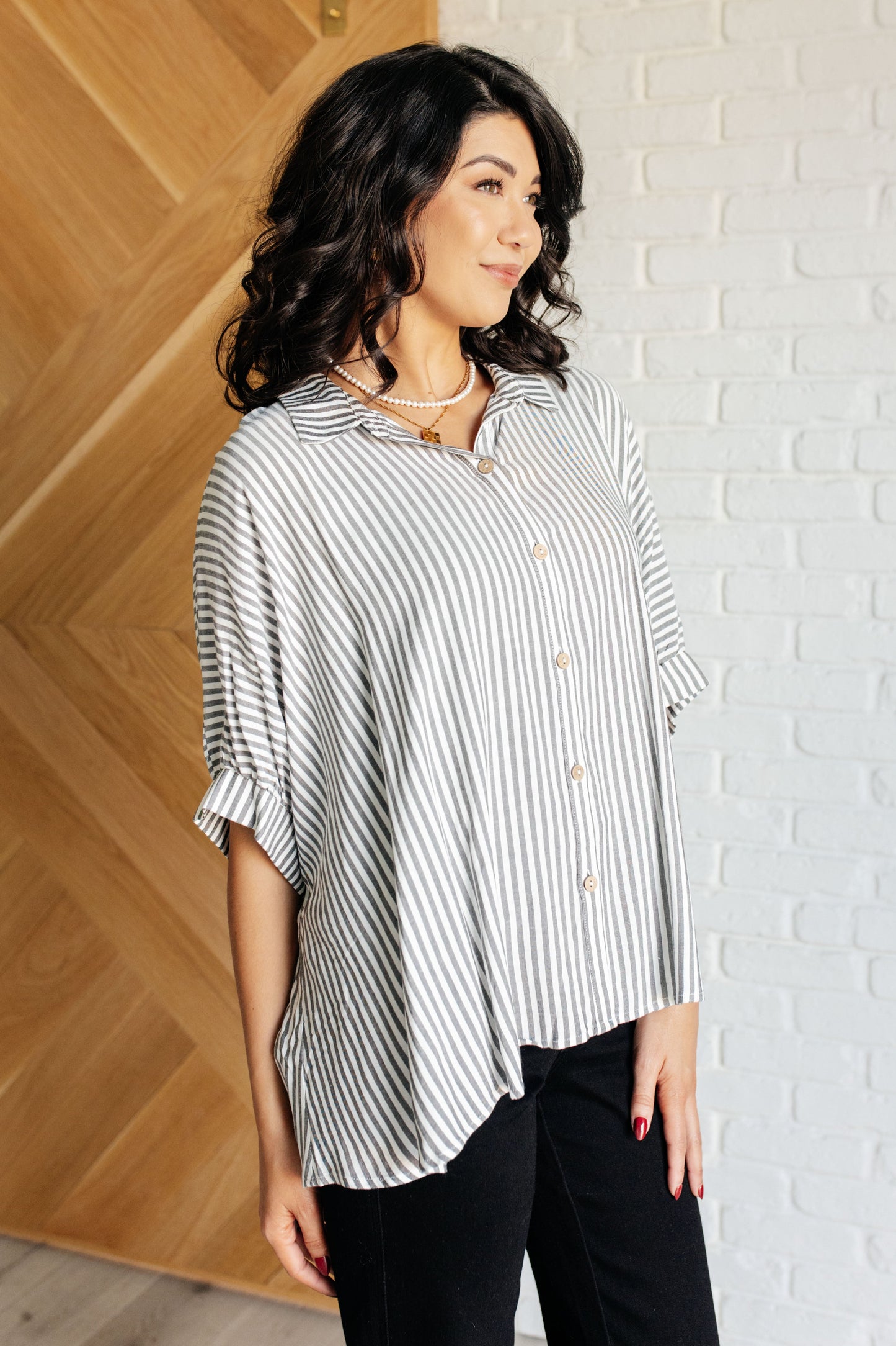 Zenana-Boxy Striped Button Up in Black