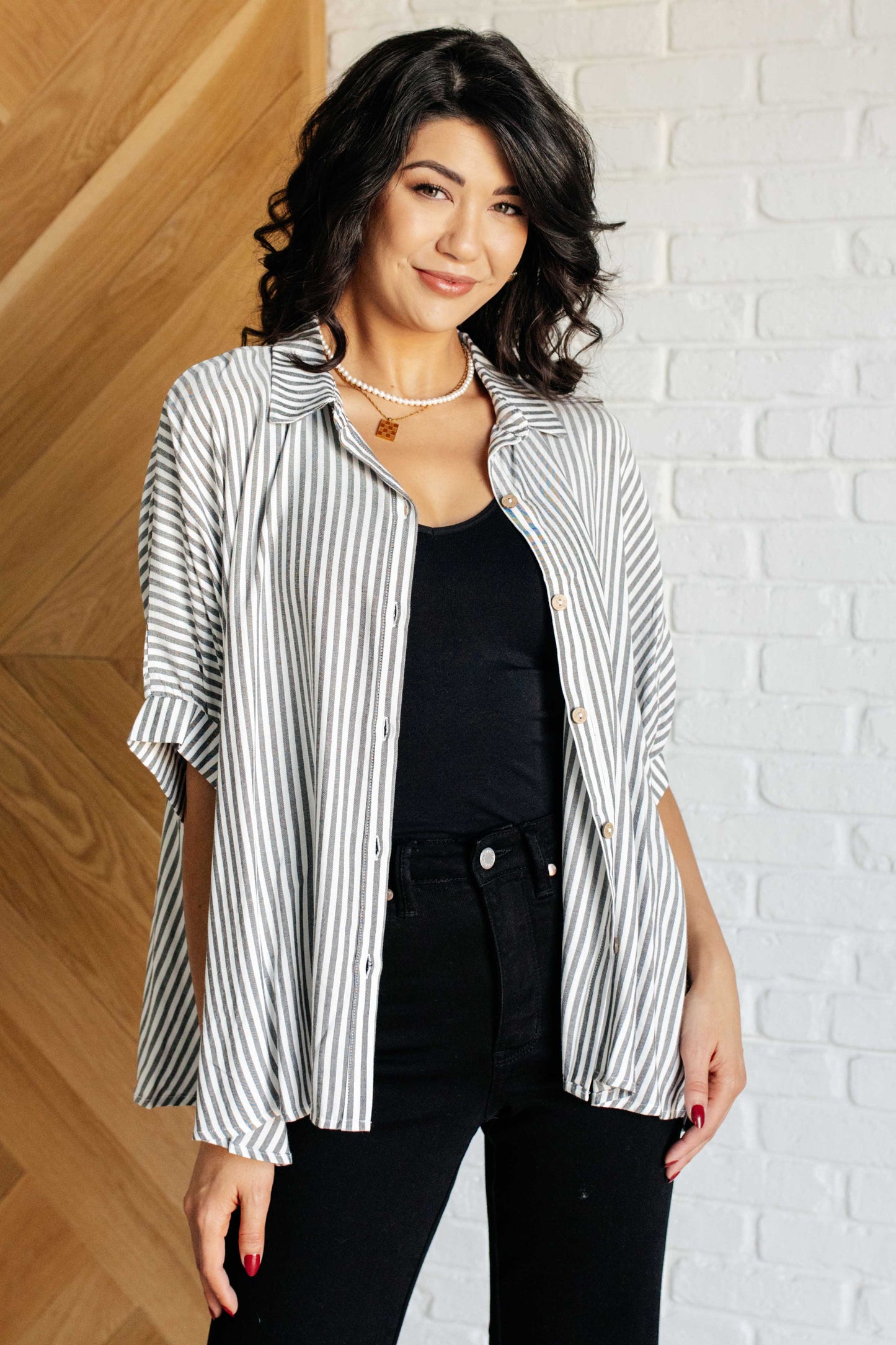 Zenana-Boxy Striped Button Up in Black