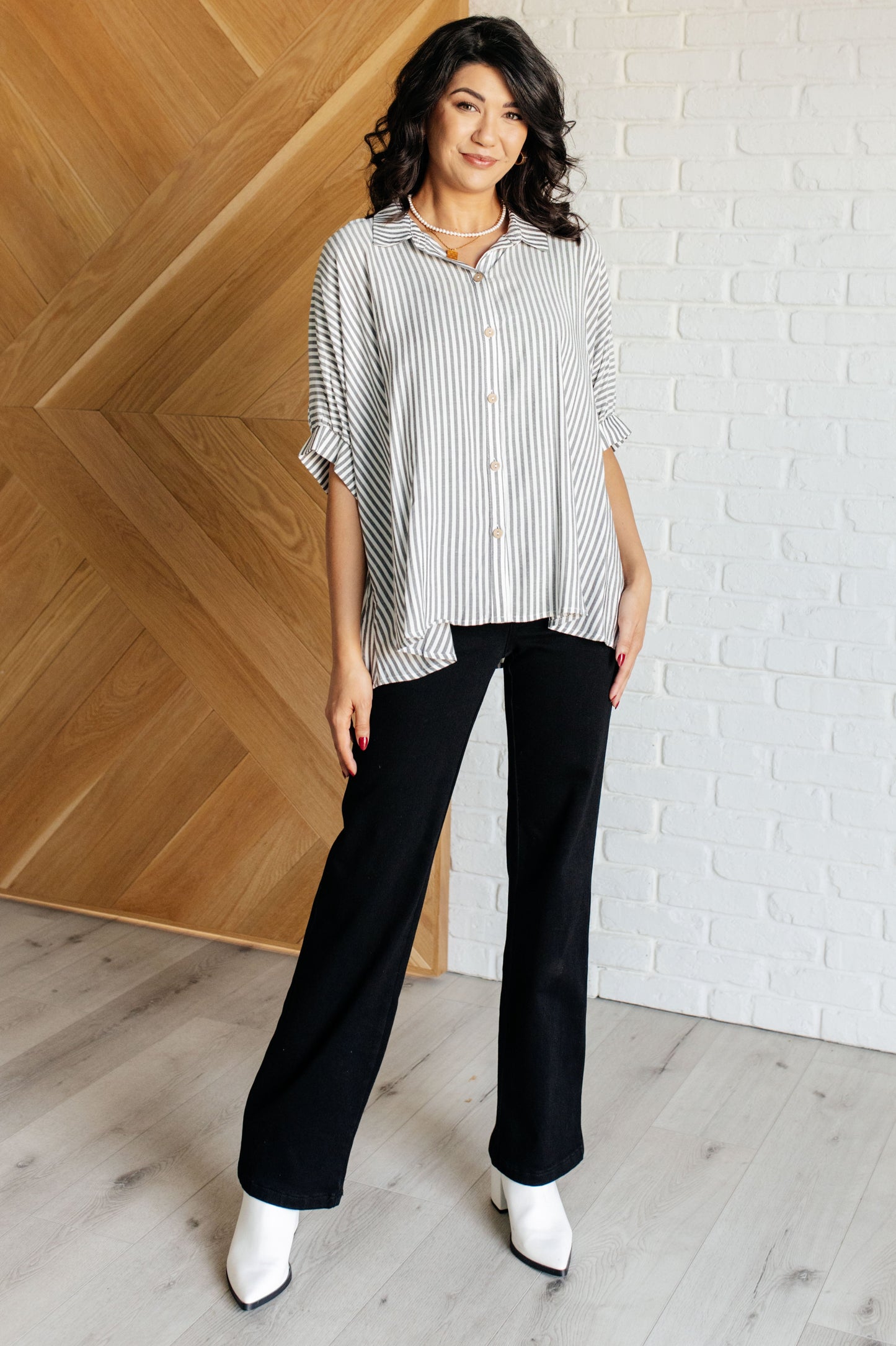 Zenana-Boxy Striped Button Up in Black