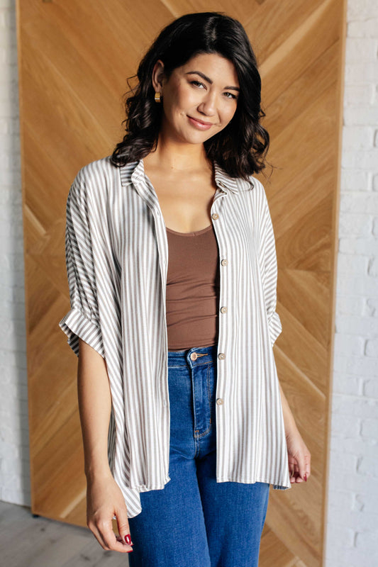 Zenana-Boxy Striped Button Up in Mocha