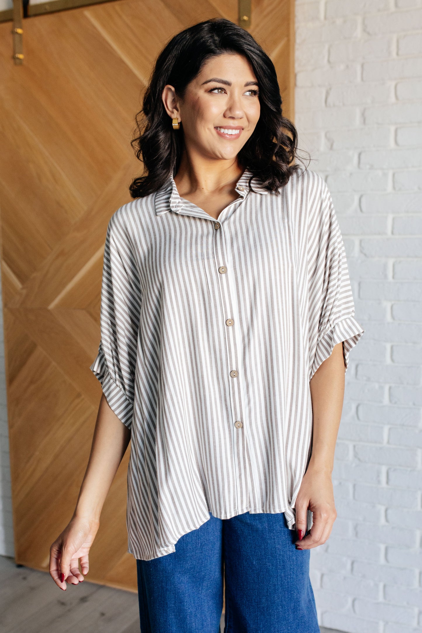 Zenana-Boxy Striped Button Up in Mocha