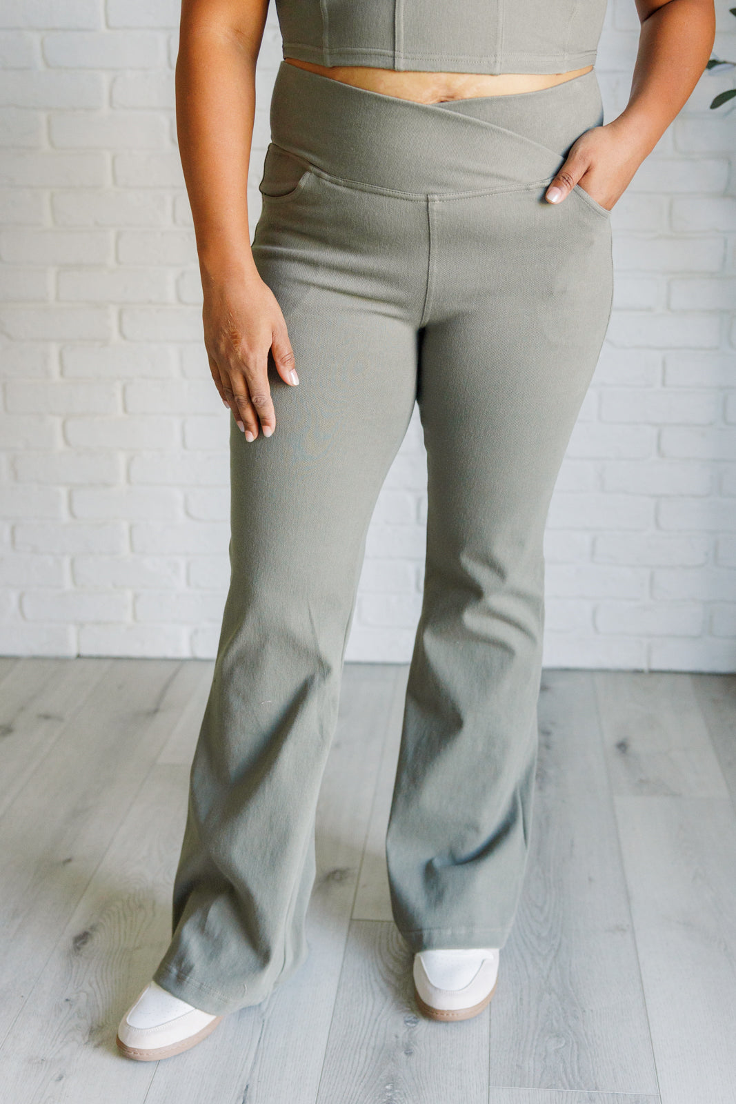 Rae Mode-Flared Crossover Waist Pant in Dusty Olive