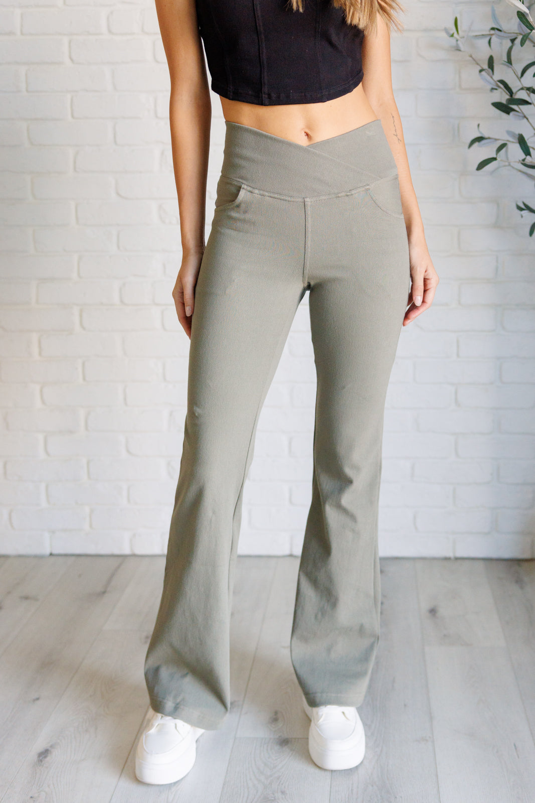 Rae Mode-Flared Crossover Waist Pant in Dusty Olive