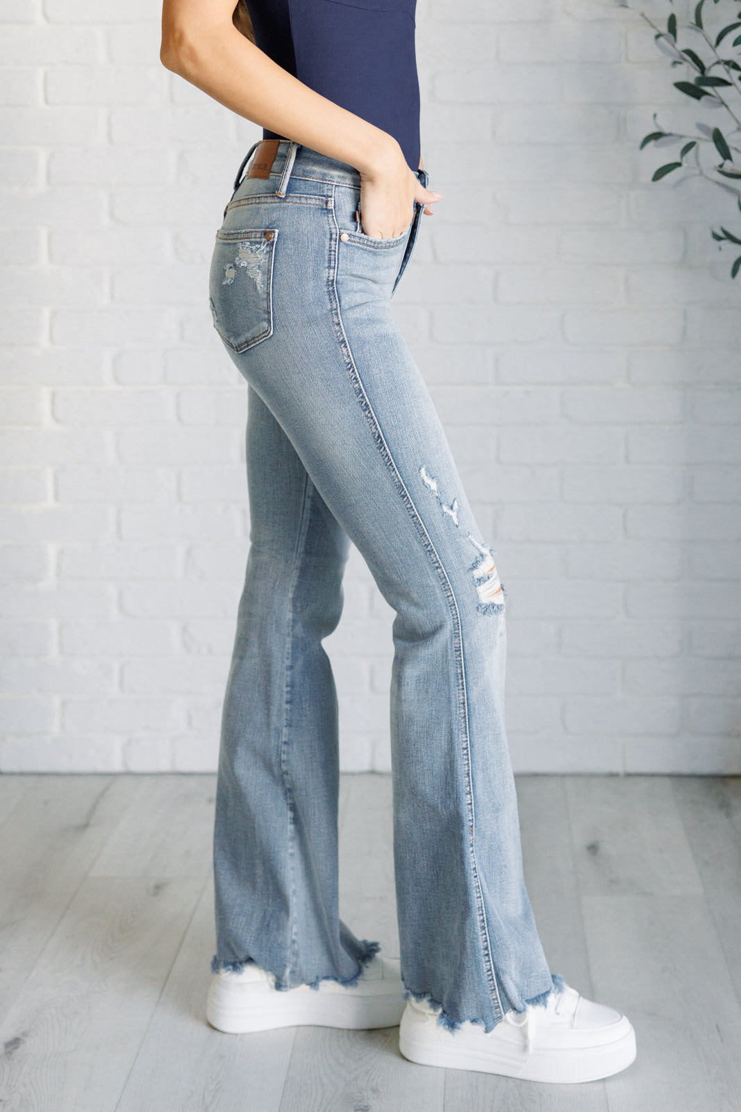 Judy Blue-Caroline Mid Rise Control Top Distressed Flare Jeans