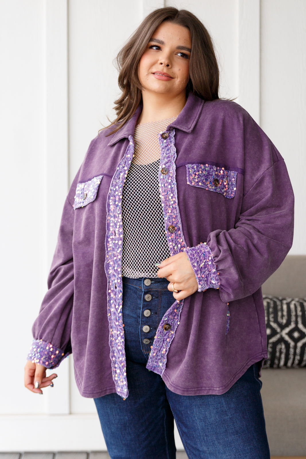 White Birch-Chaos of Sequins Shacket in Purple