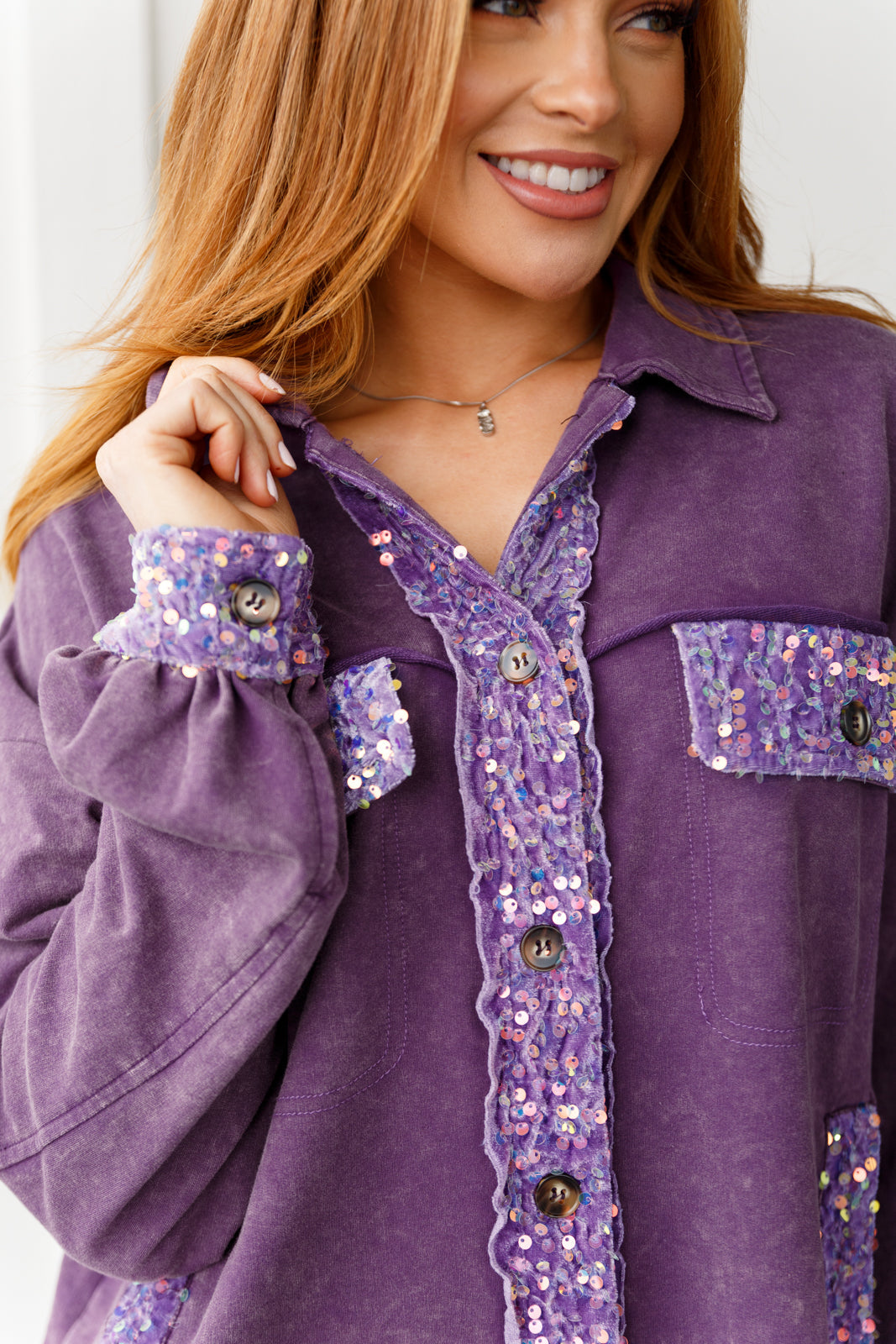 White Birch-Chaos of Sequins Shacket in Purple