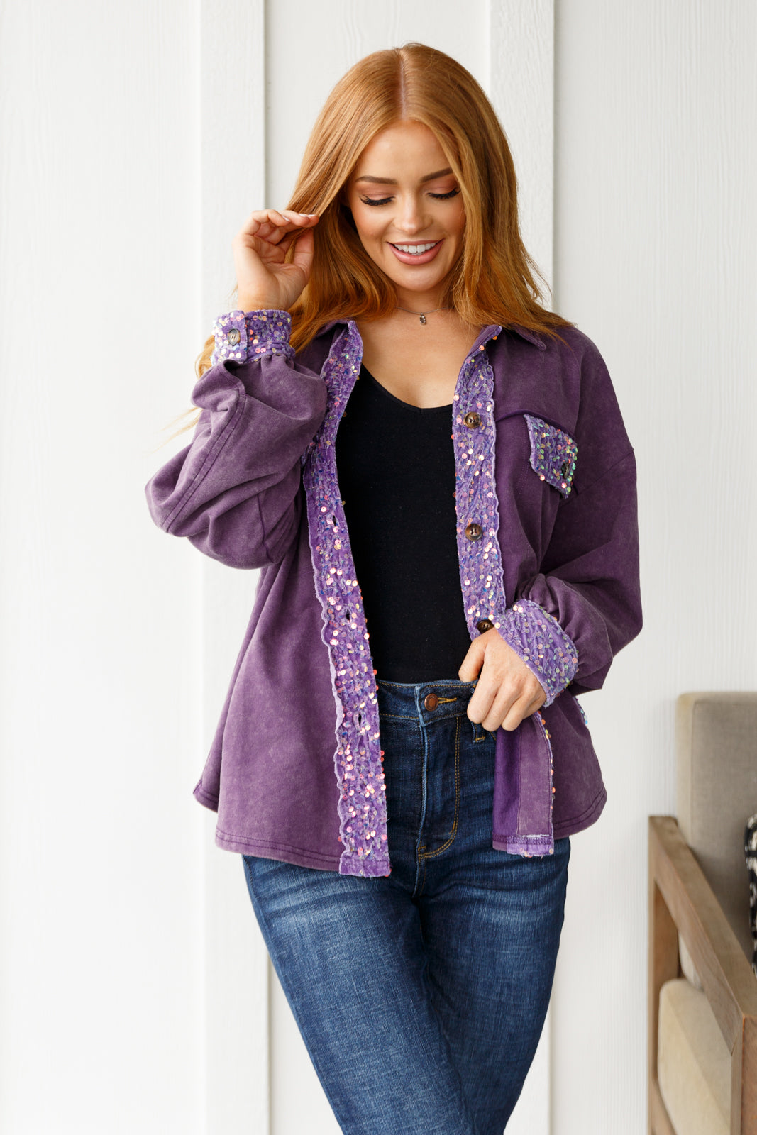 White Birch-Chaos of Sequins Shacket in Purple