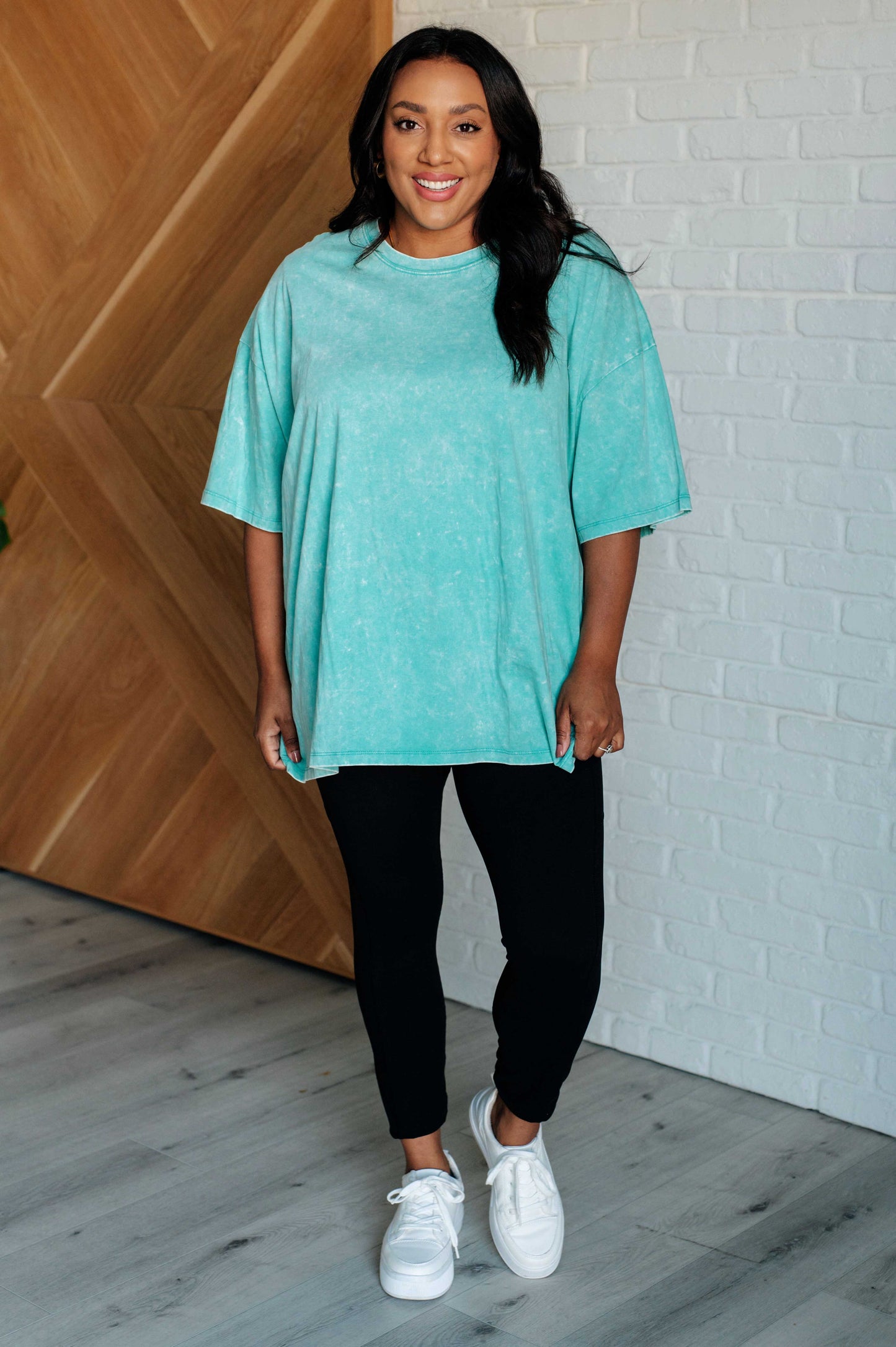 Zenana-Don't Mind Me Mineral Wash Drop Shoulder Tee in Turquoise