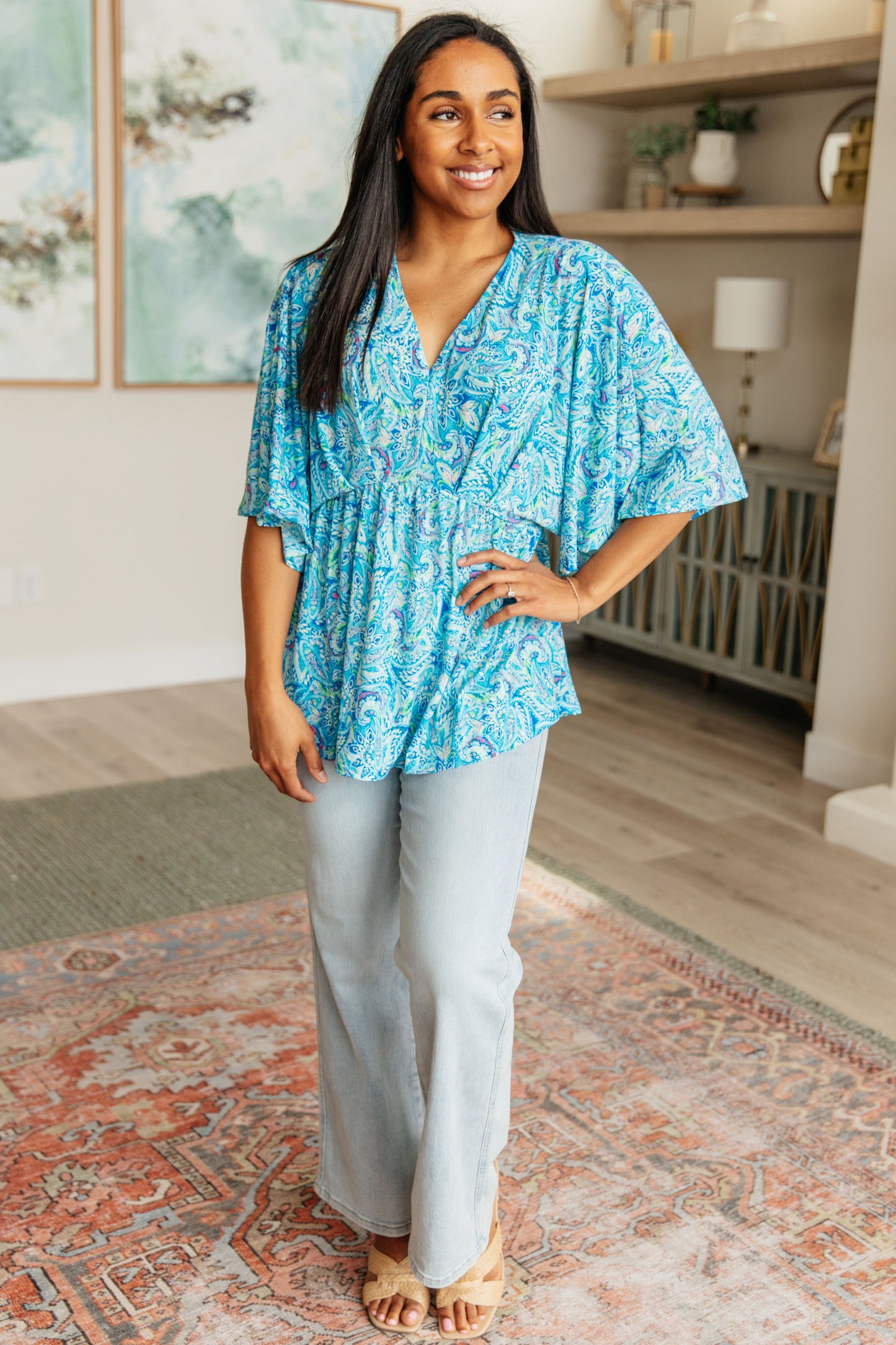 Dear Scarlett- Dreamer Peplum Top in Blue and Teal Paisley