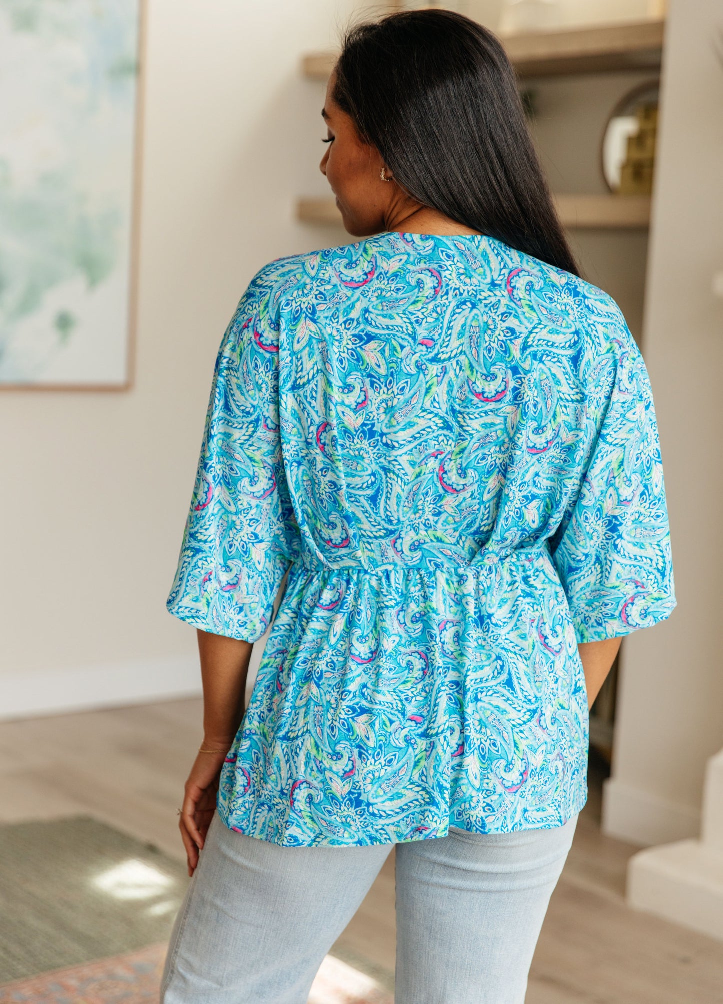 Dear Scarlett- Dreamer Peplum Top in Blue and Teal Paisley