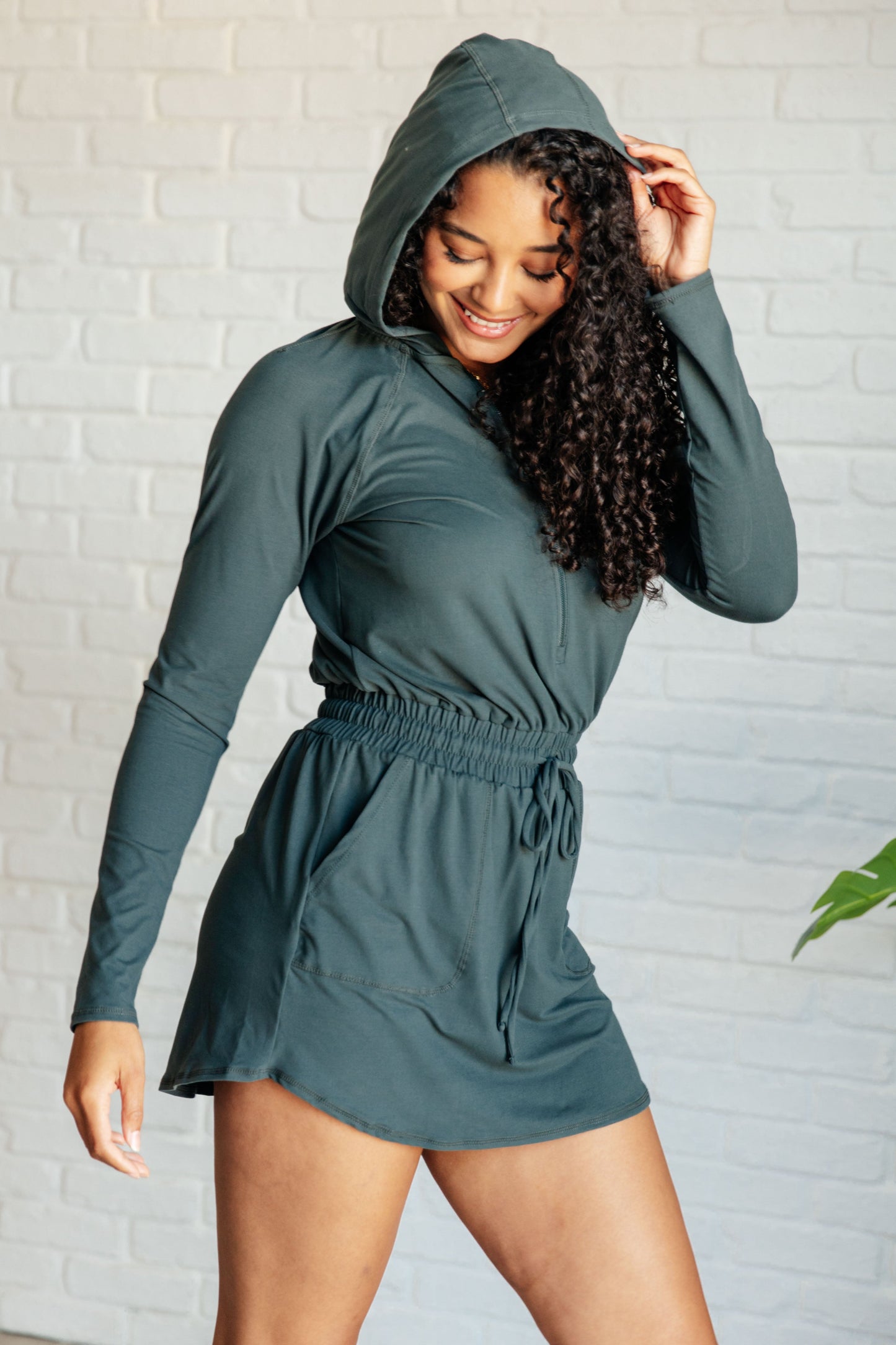 Rae Mode- Getting Out Long Sleeve Hoodie Romper in Smoked Spruce