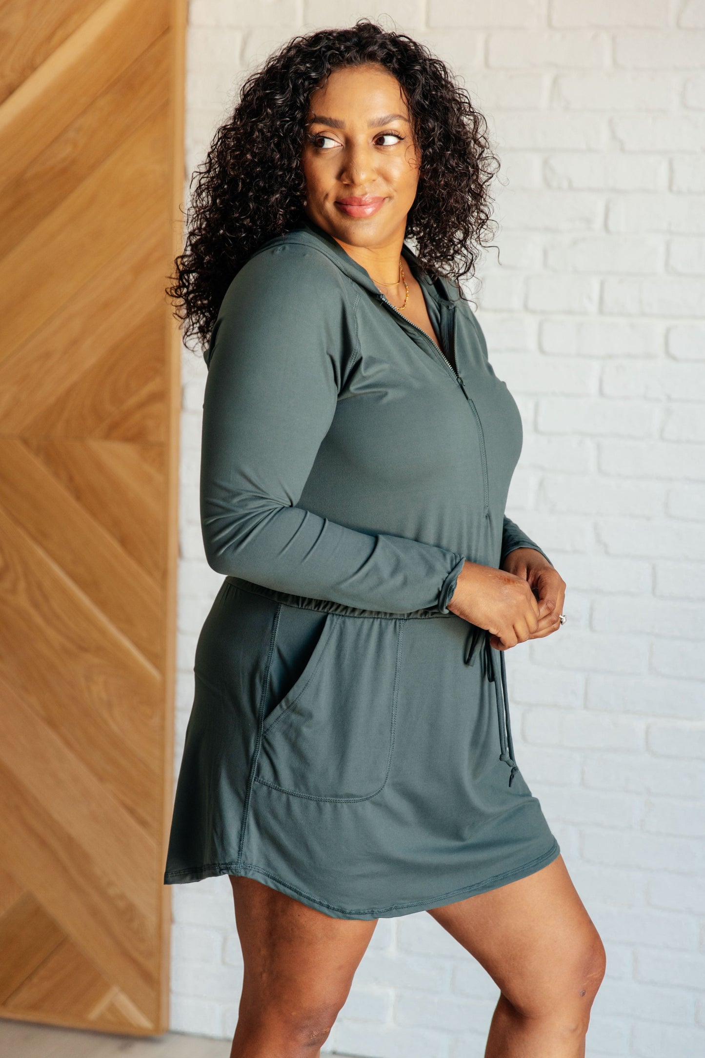 Rae Mode- Getting Out Long Sleeve Hoodie Romper in Smoked Spruce