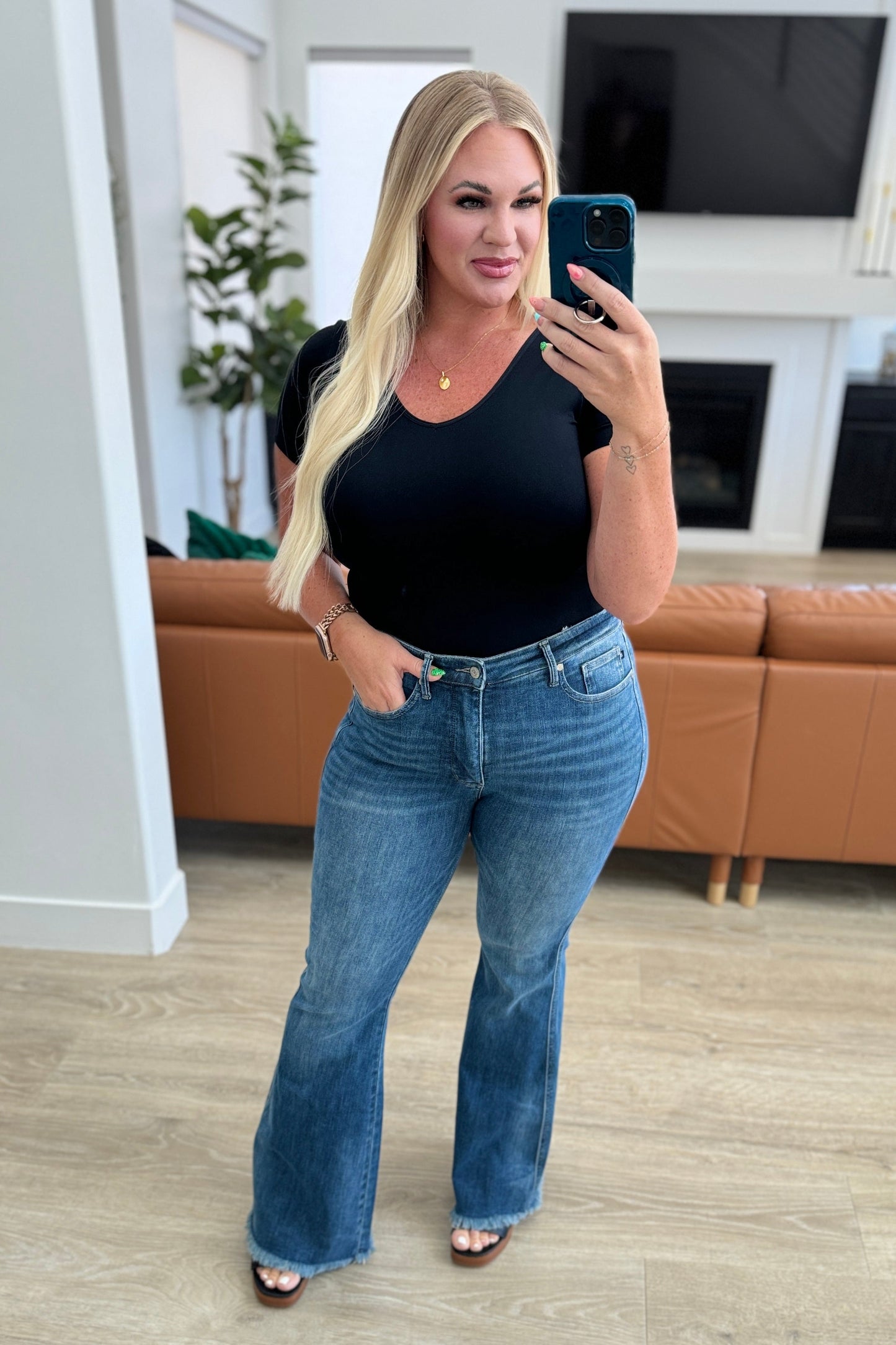 Judy Blue-Miley High Waist Control Top Frayed Hem Flare Jeans