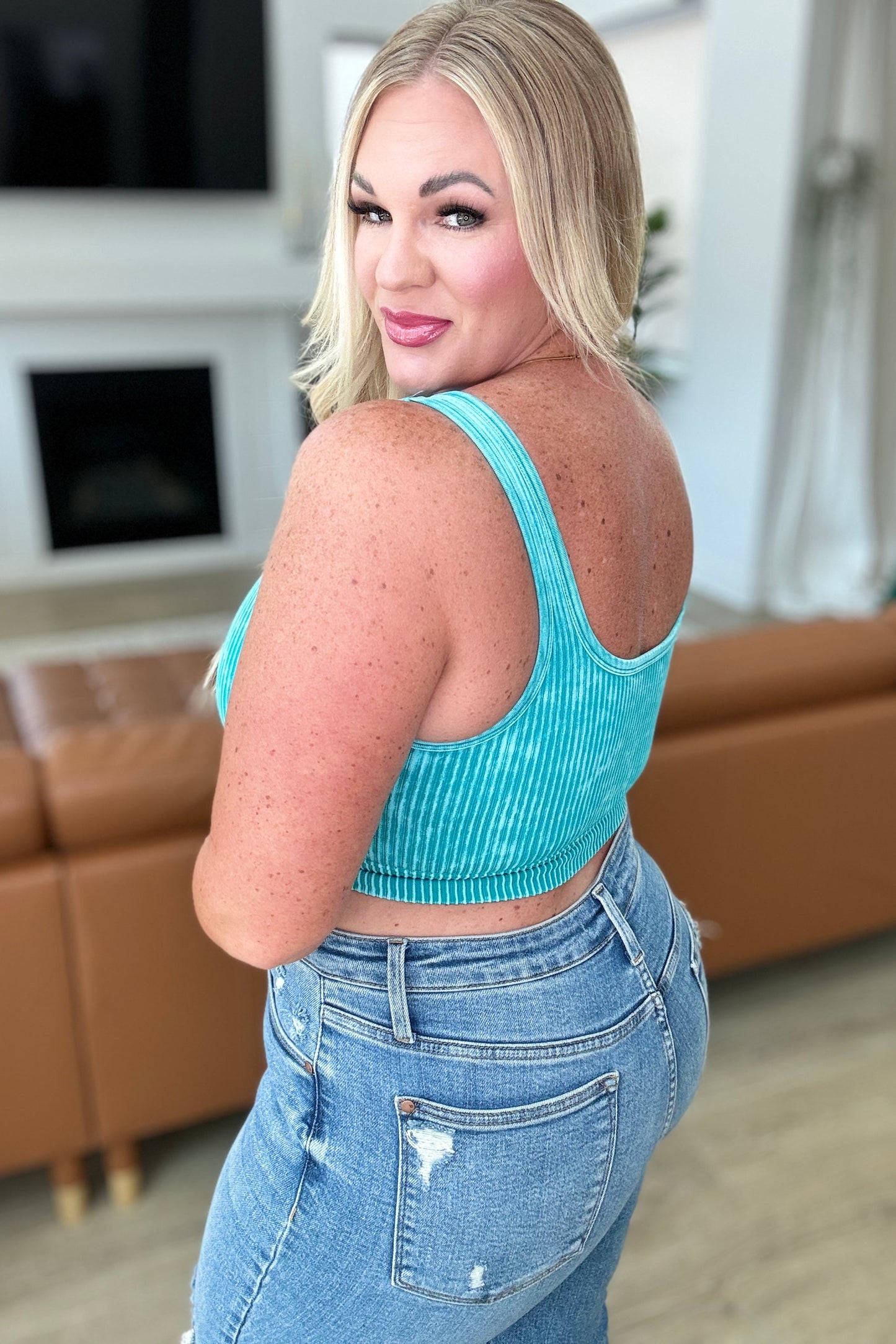 Zenana- Ribbed Cropped Tank in Light Teal