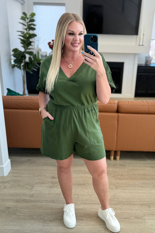 Zenana- Short Sleeve V-Neck Romper in Army Green