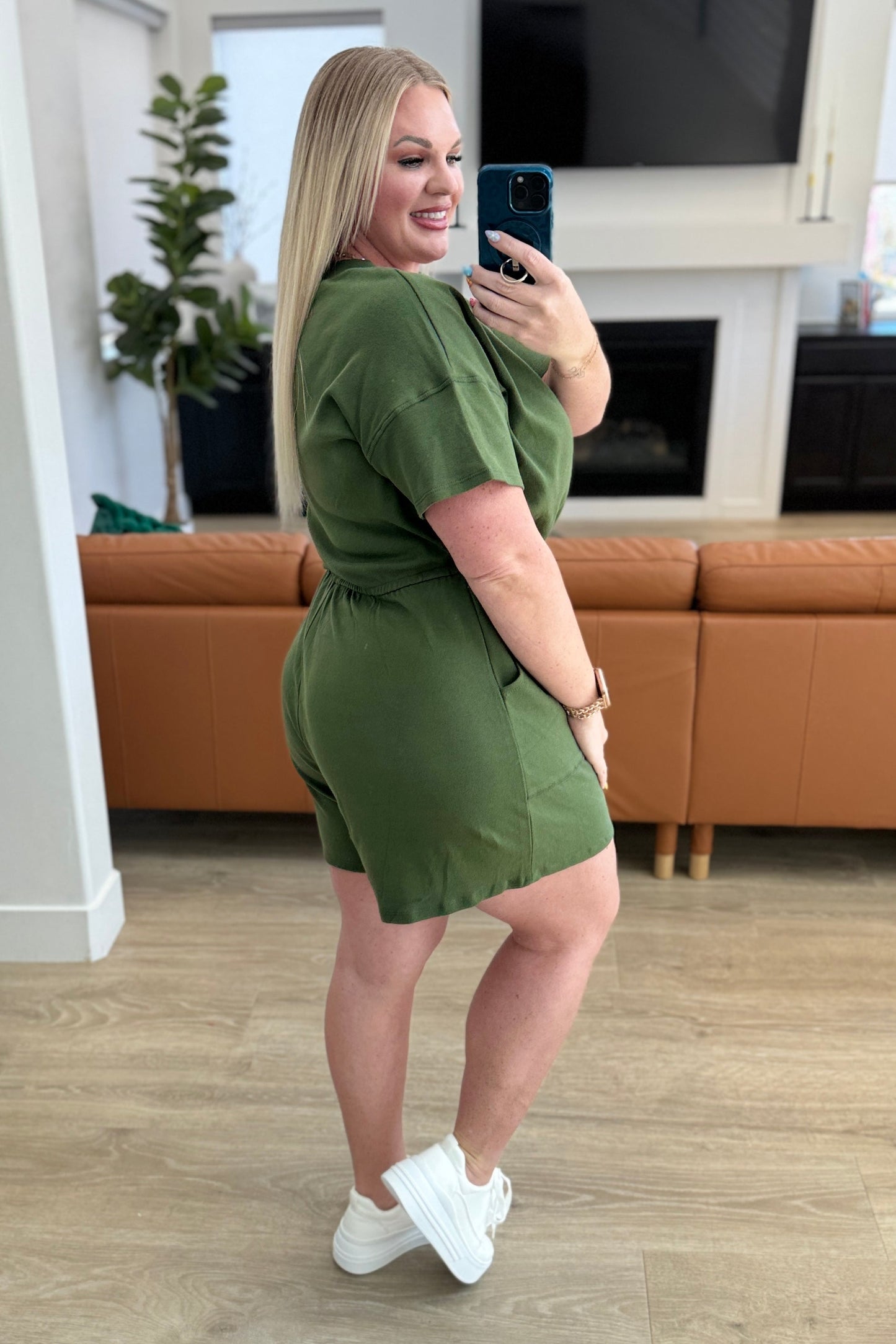 Zenana- Short Sleeve V-Neck Romper in Army Green