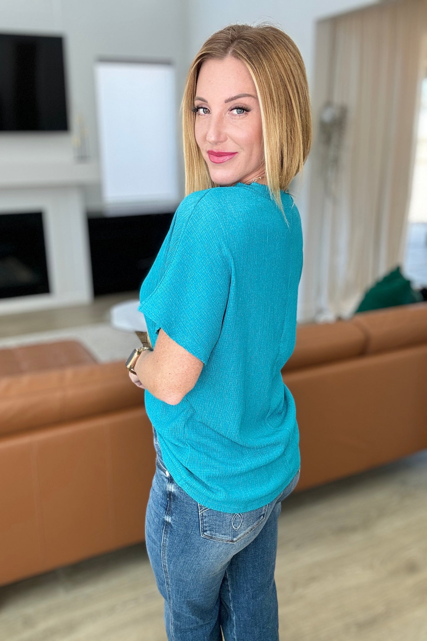 One Eleven North- Trial and Error Textured V-Neck Blouse in Teal