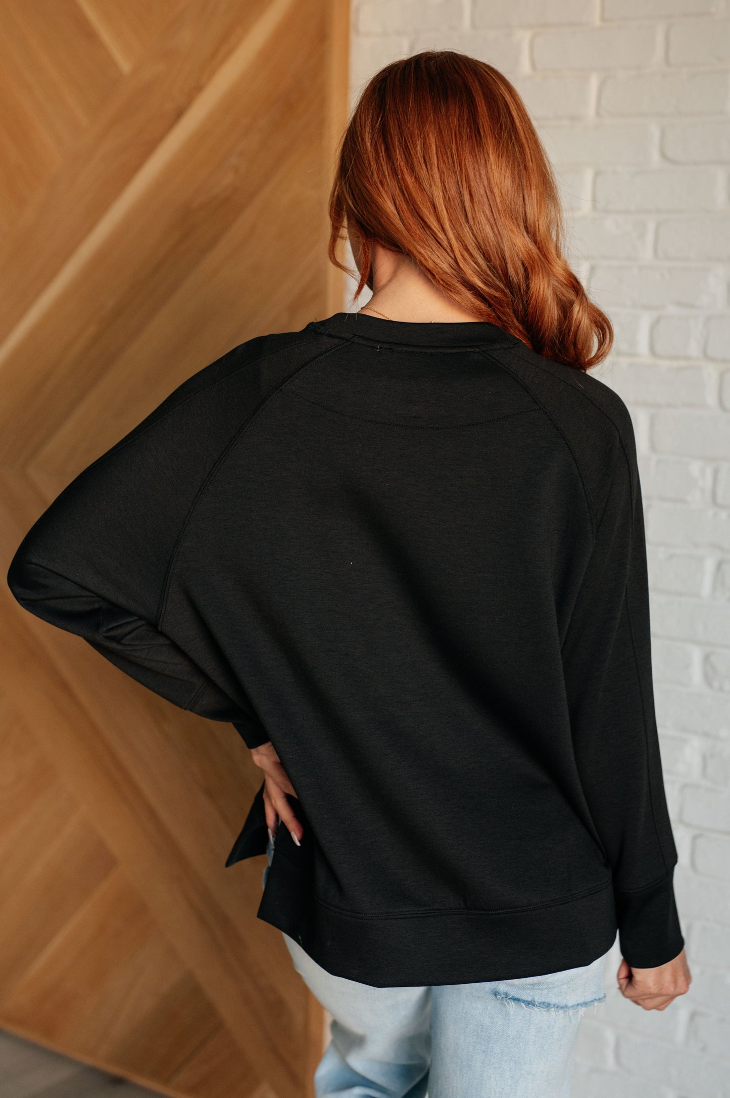 Zenana- It's The Little Things Relaxed Scuba Pullover in Black