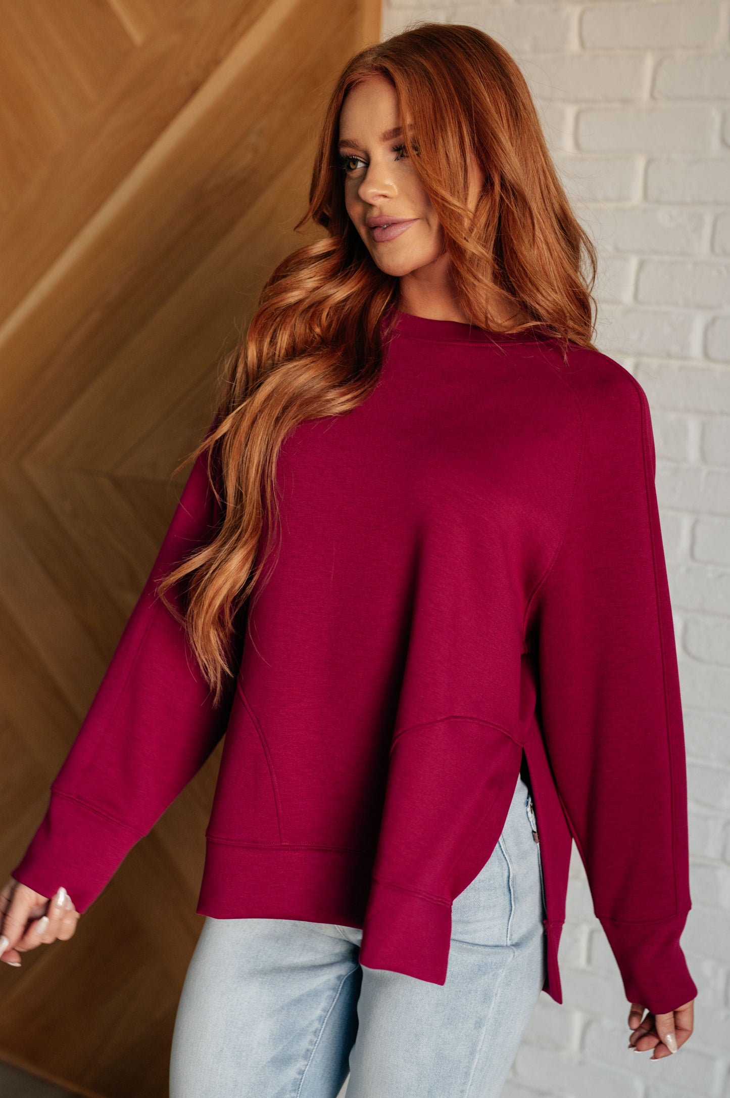 Zenana-It's The Little Things Relaxed Scuba Pullover in Cabernet