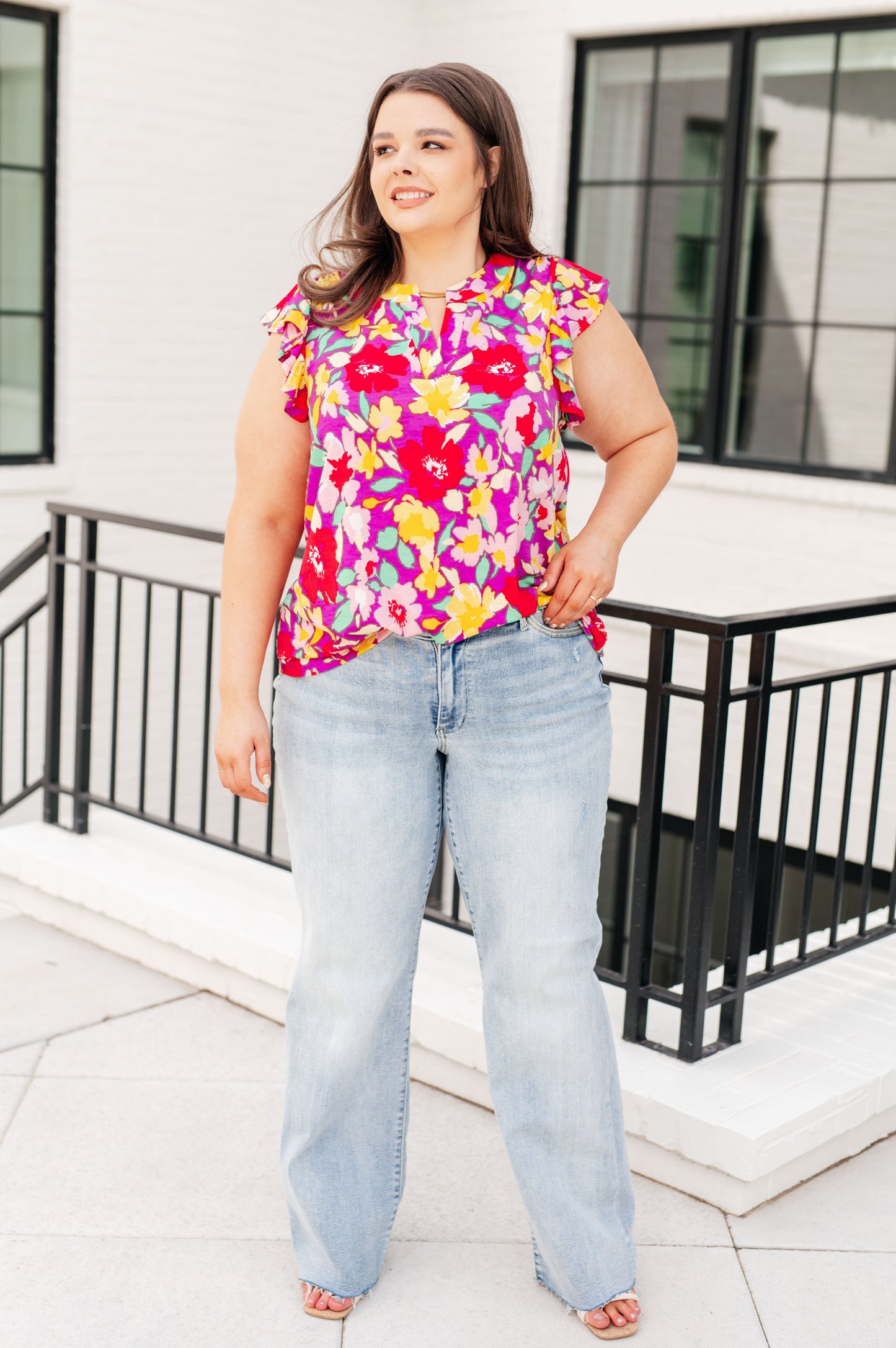 Dear Scarlett- Lizzy Flutter Sleeve Top in Magenta and Yellow Floral