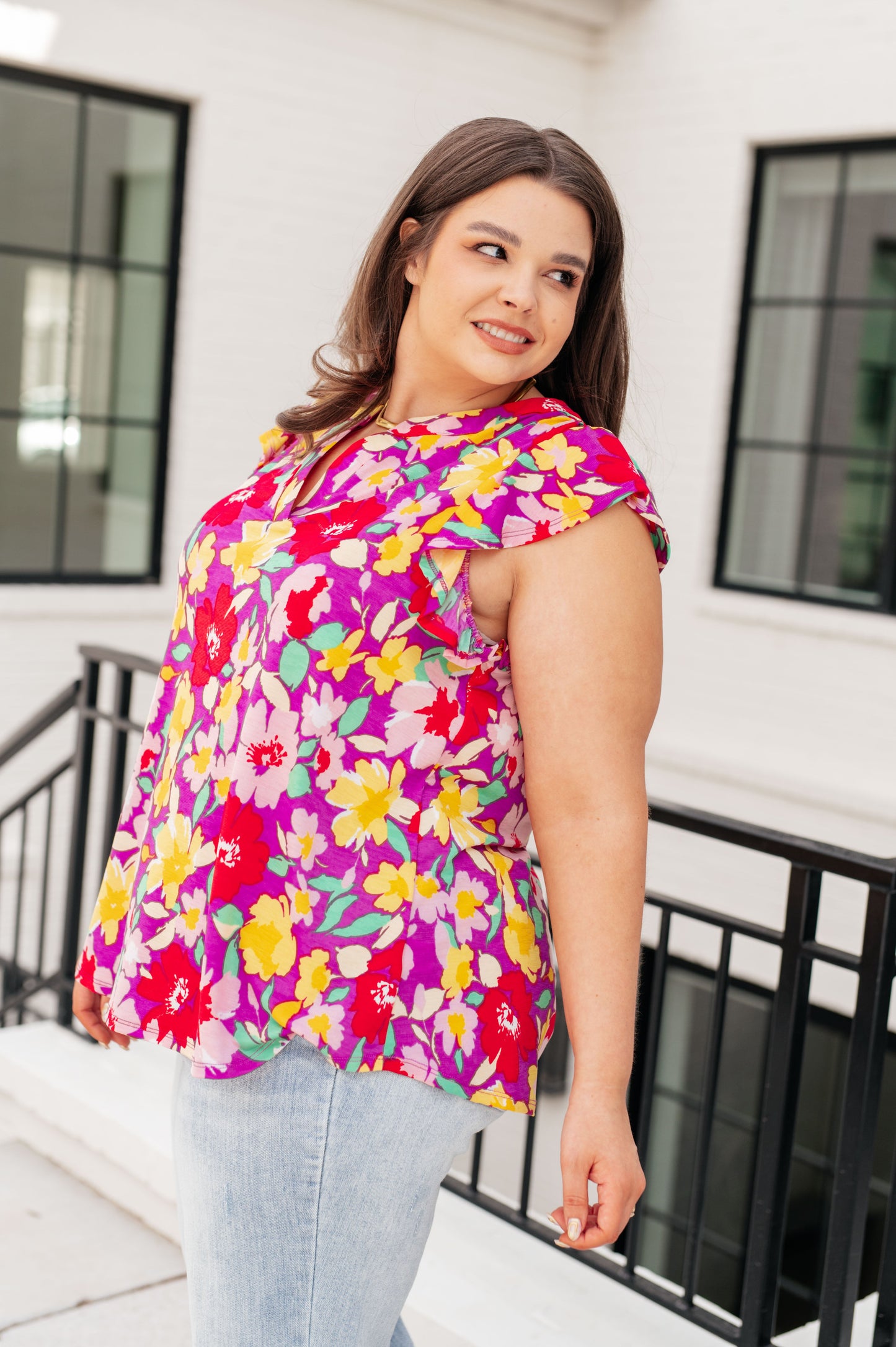 Dear Scarlett- Lizzy Flutter Sleeve Top in Magenta and Yellow Floral