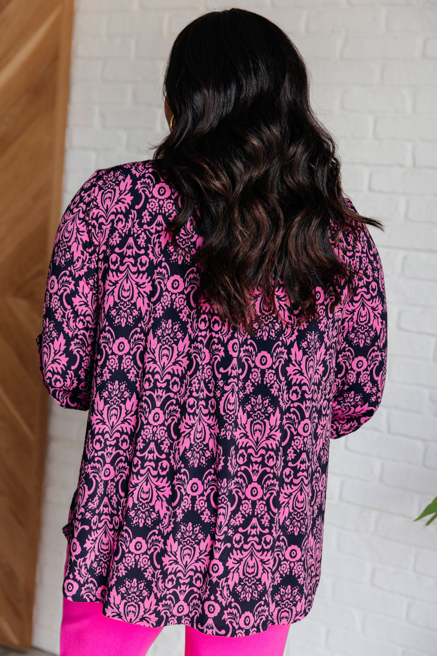 Dear Scarlett-Lizzy Top in Hot Pink and Navy Damask