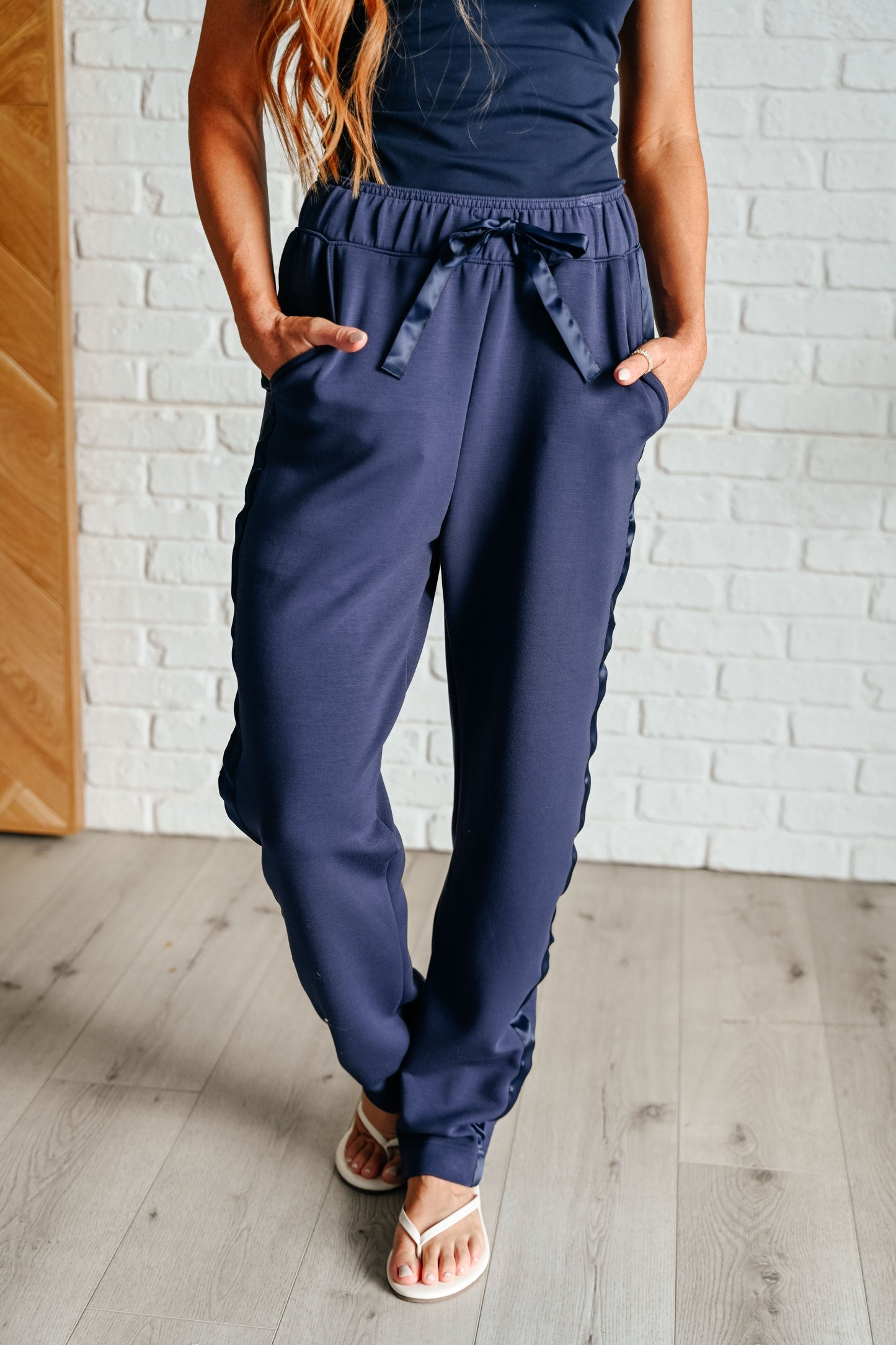 Rae Mode- Lysa Satin Stripe Lounge Pants in Smoky Navy