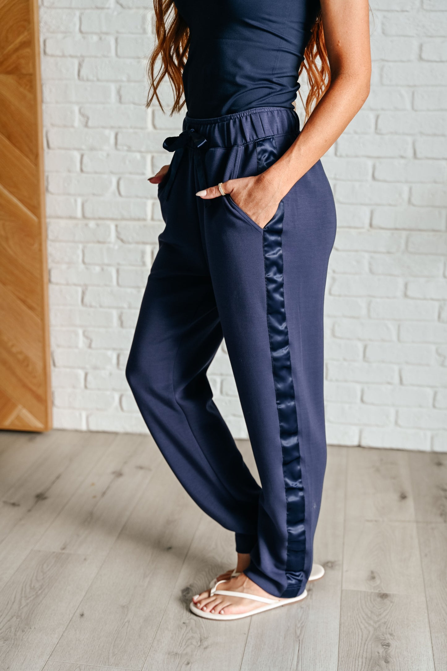 Rae Mode- Lysa Satin Stripe Lounge Pants in Smoky Navy