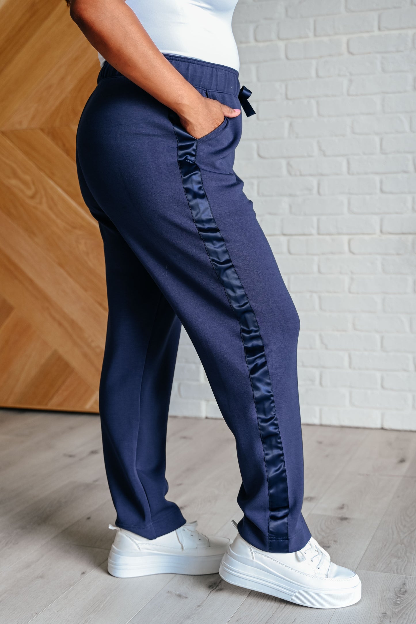 Rae Mode- Lysa Satin Stripe Lounge Pants in Smoky Navy