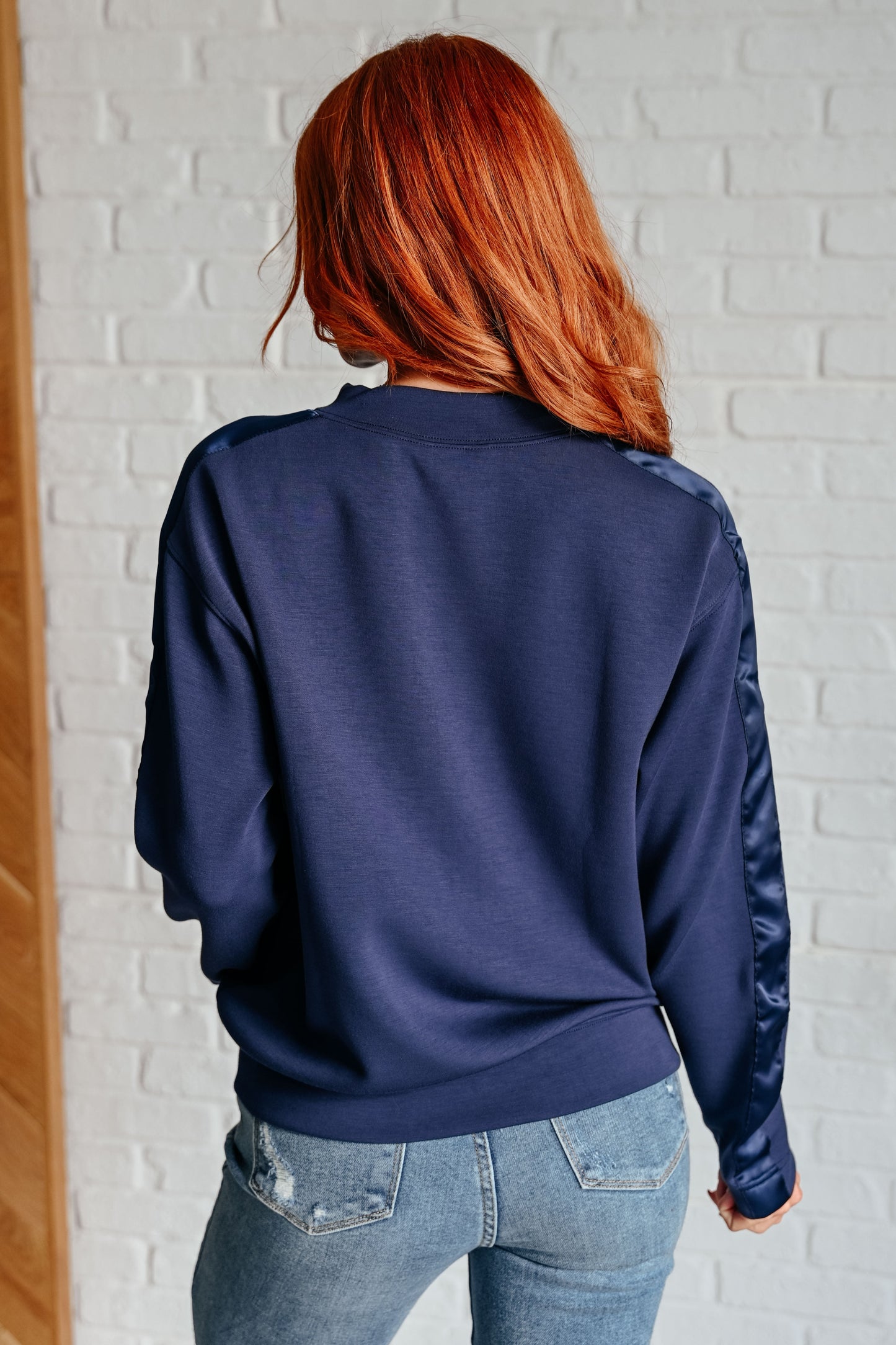 Rae Mode- Lysa Satin Stripe Pullover in Smoky Navy