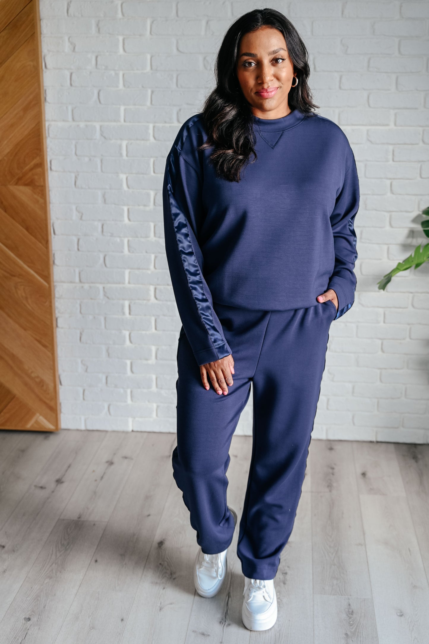 Rae Mode- Lysa Satin Stripe Pullover in Smoky Navy