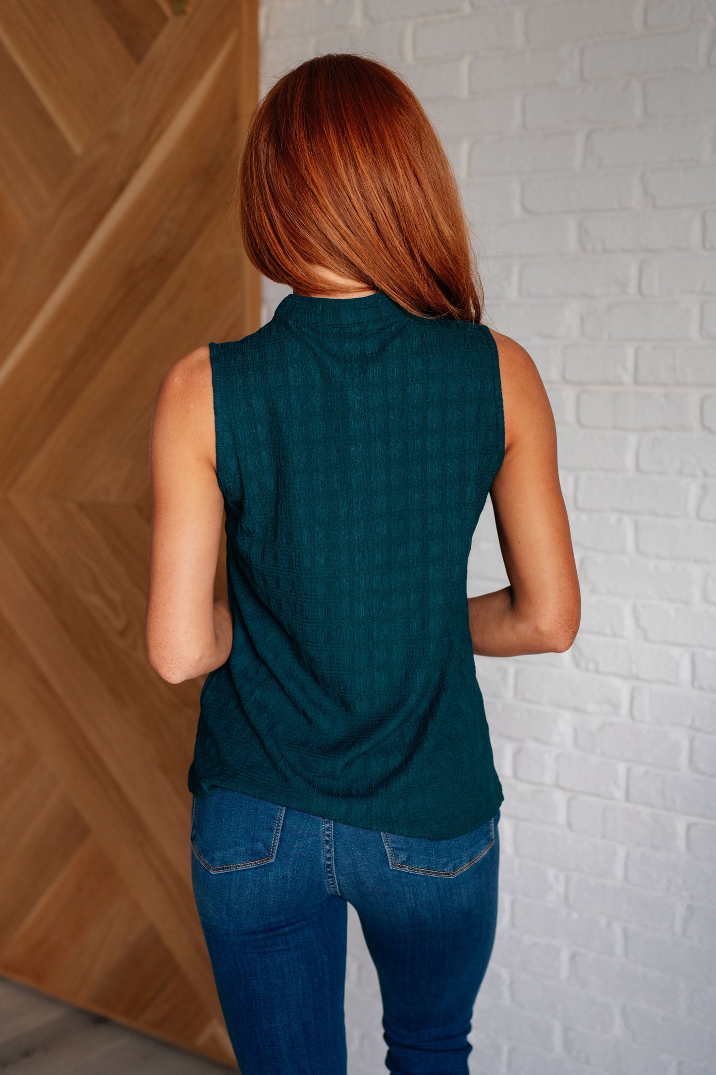 One Eleven North-Matter of Fact Pleat Front Sleeveless Blouse in Sea Green