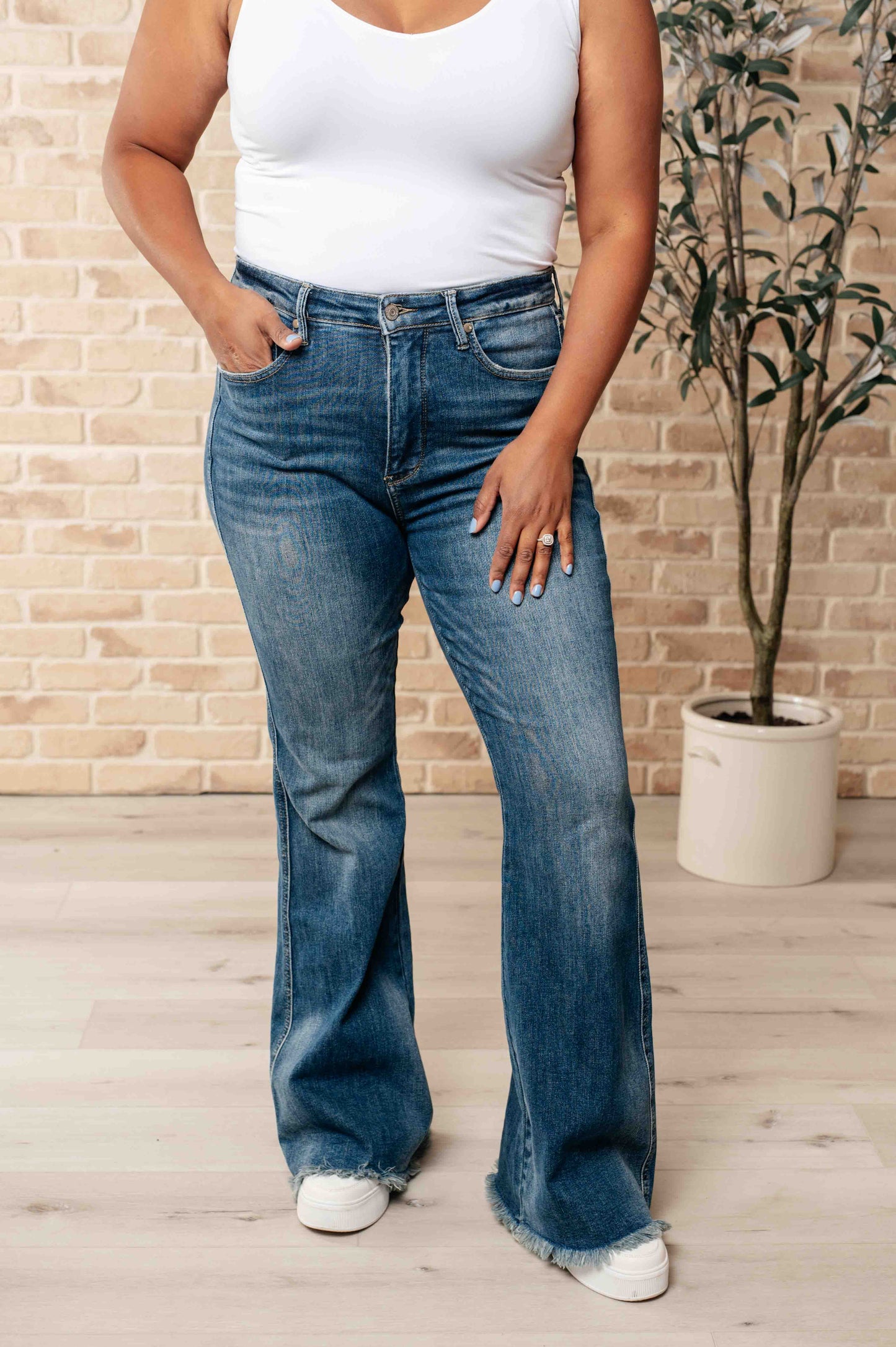 Judy Blue-Miley High Waist Control Top Frayed Hem Flare Jeans