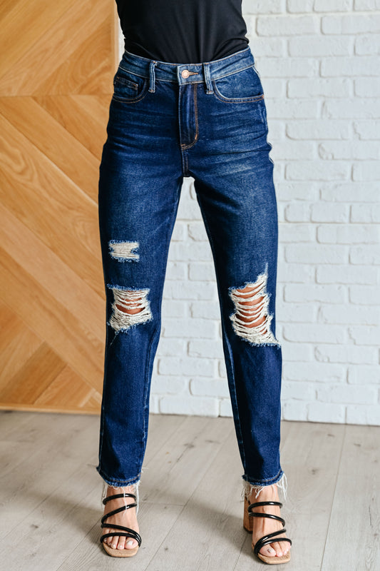 Judy Blue-Montana High Rise Rigid Magic Distressed Straight Jeans