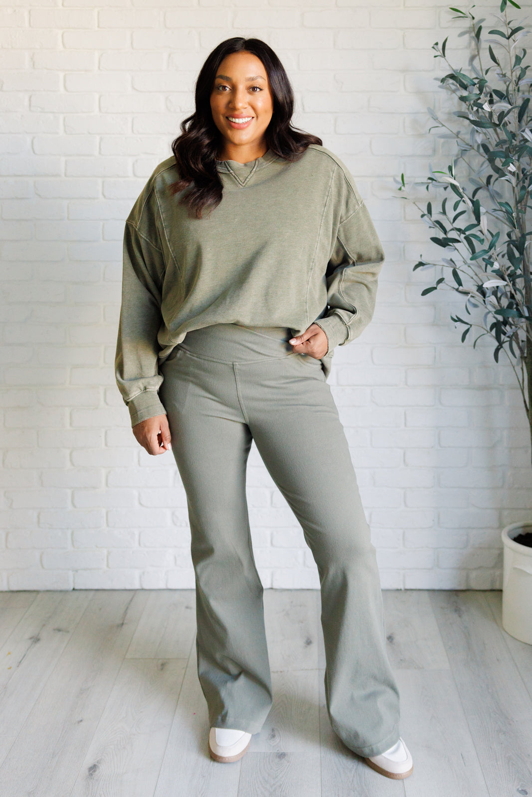 Rae Mode-Flared Crossover Waist Pant in Dusty Olive