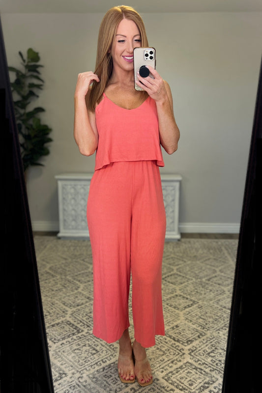 Zenana- Ribbed Double Layer Jumpsuit in Deep Coral