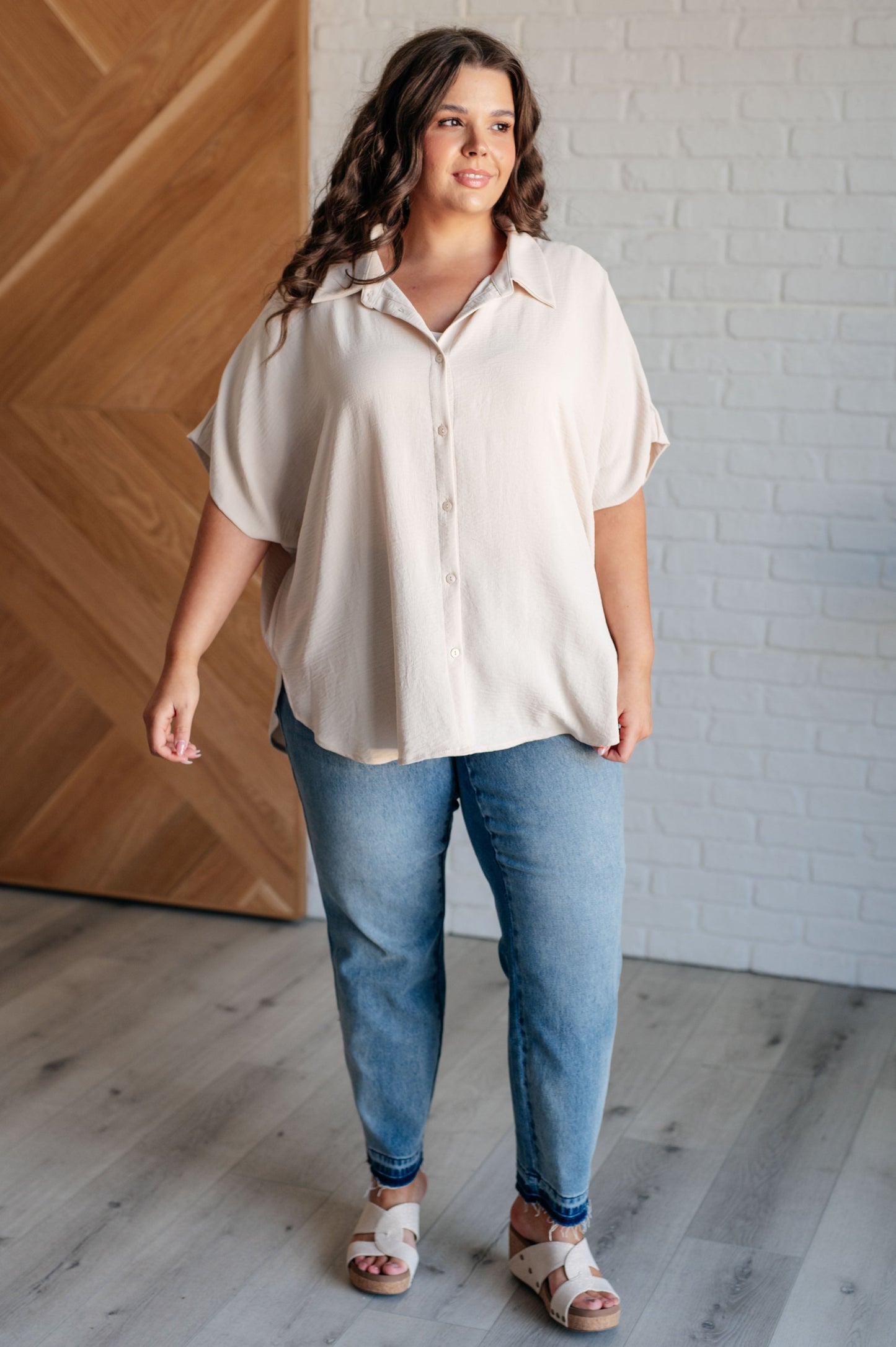 Jodifl- Sweet Simplicity Button Down Blouse in Oatmeal