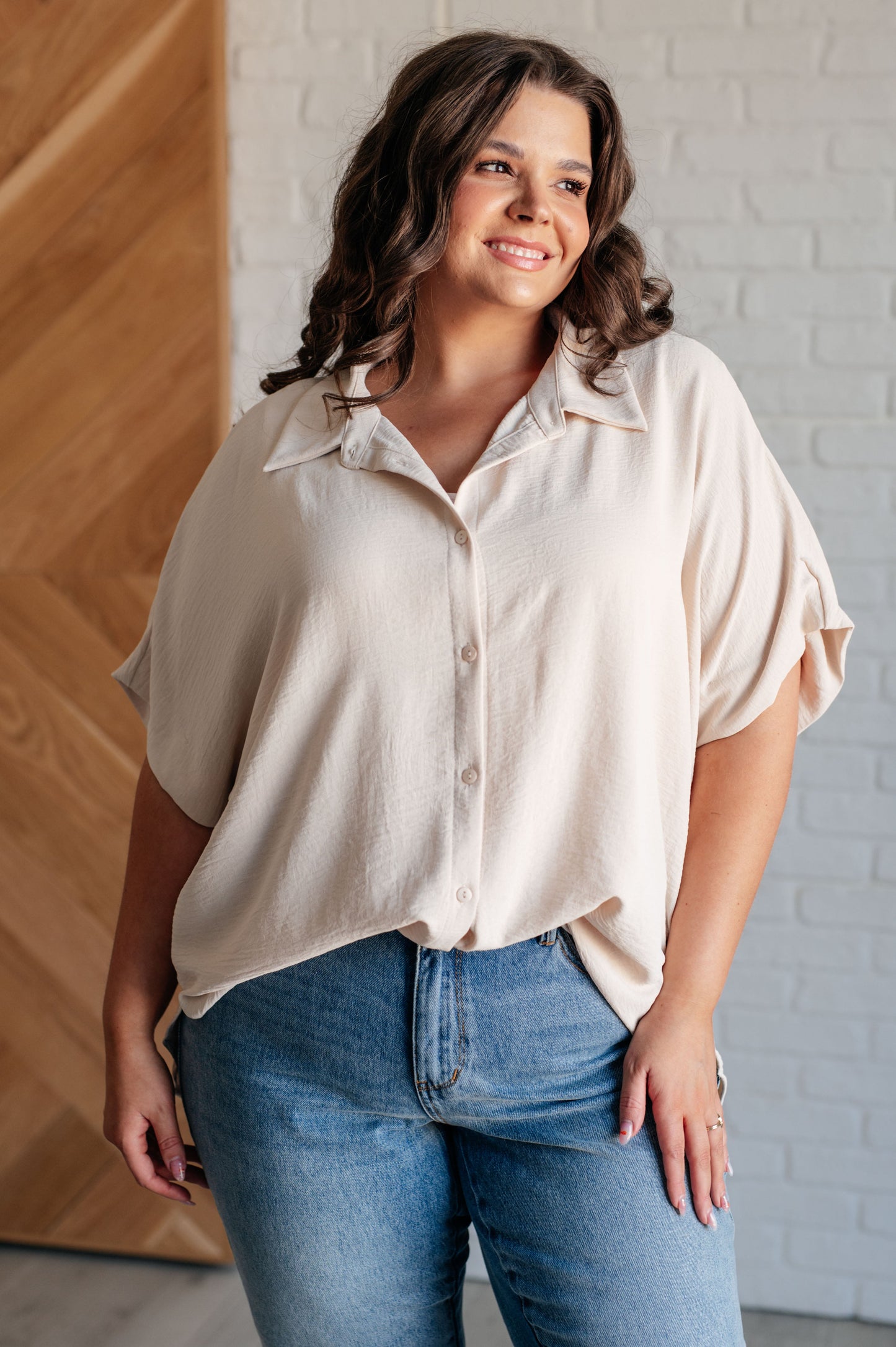 Jodifl- Sweet Simplicity Button Down Blouse in Oatmeal