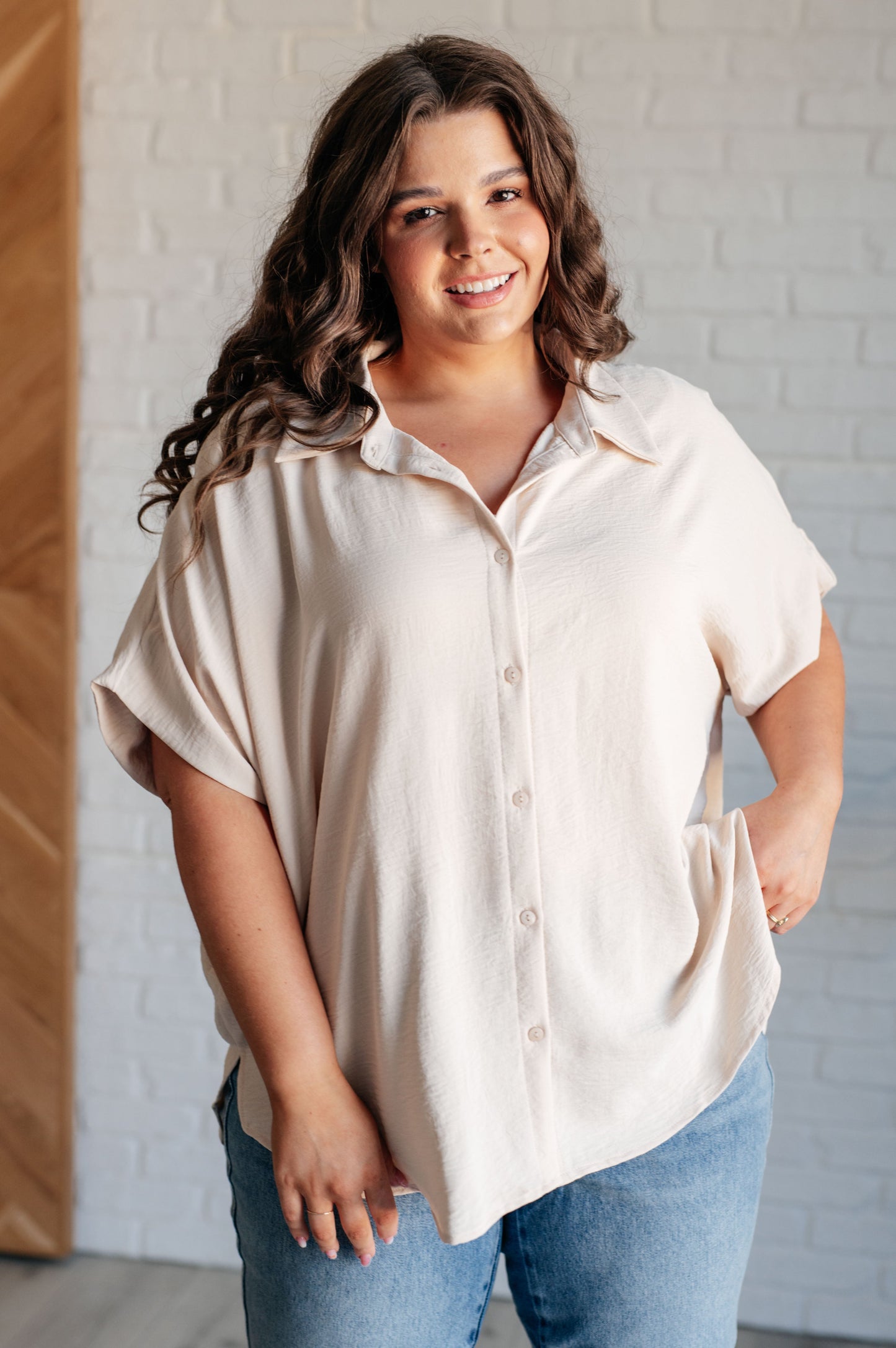 Jodifl- Sweet Simplicity Button Down Blouse in Oatmeal