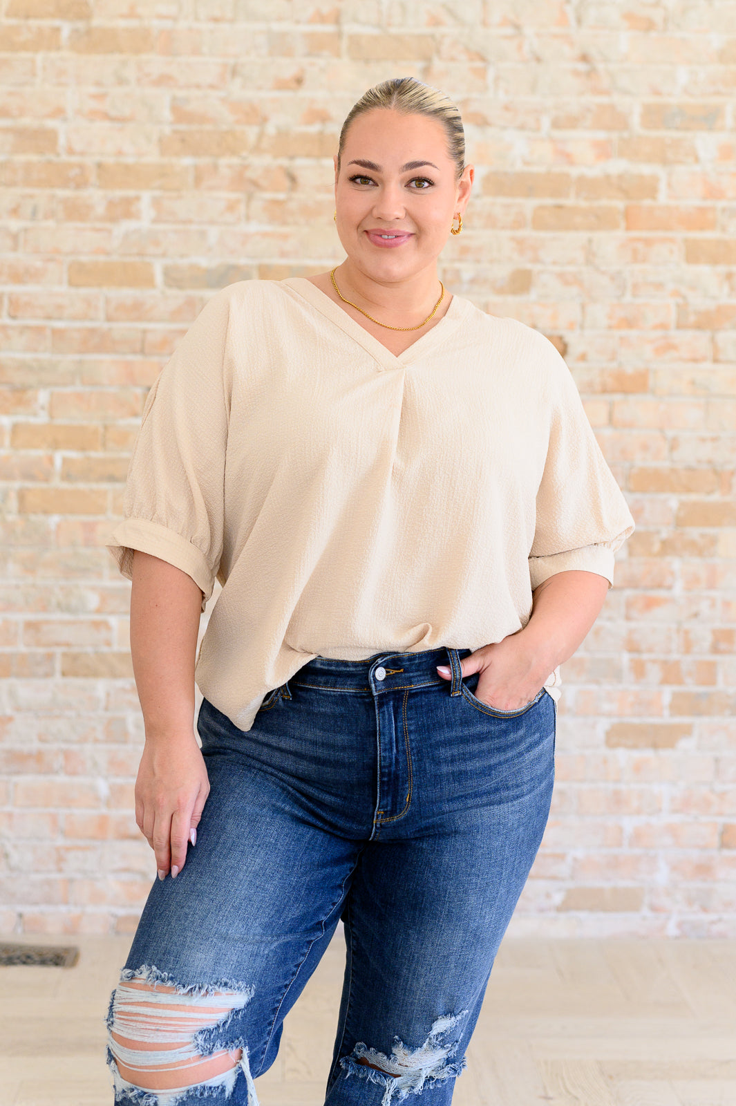 Andree By Unit- Up For Anything V-Neck Blouse in Taupe