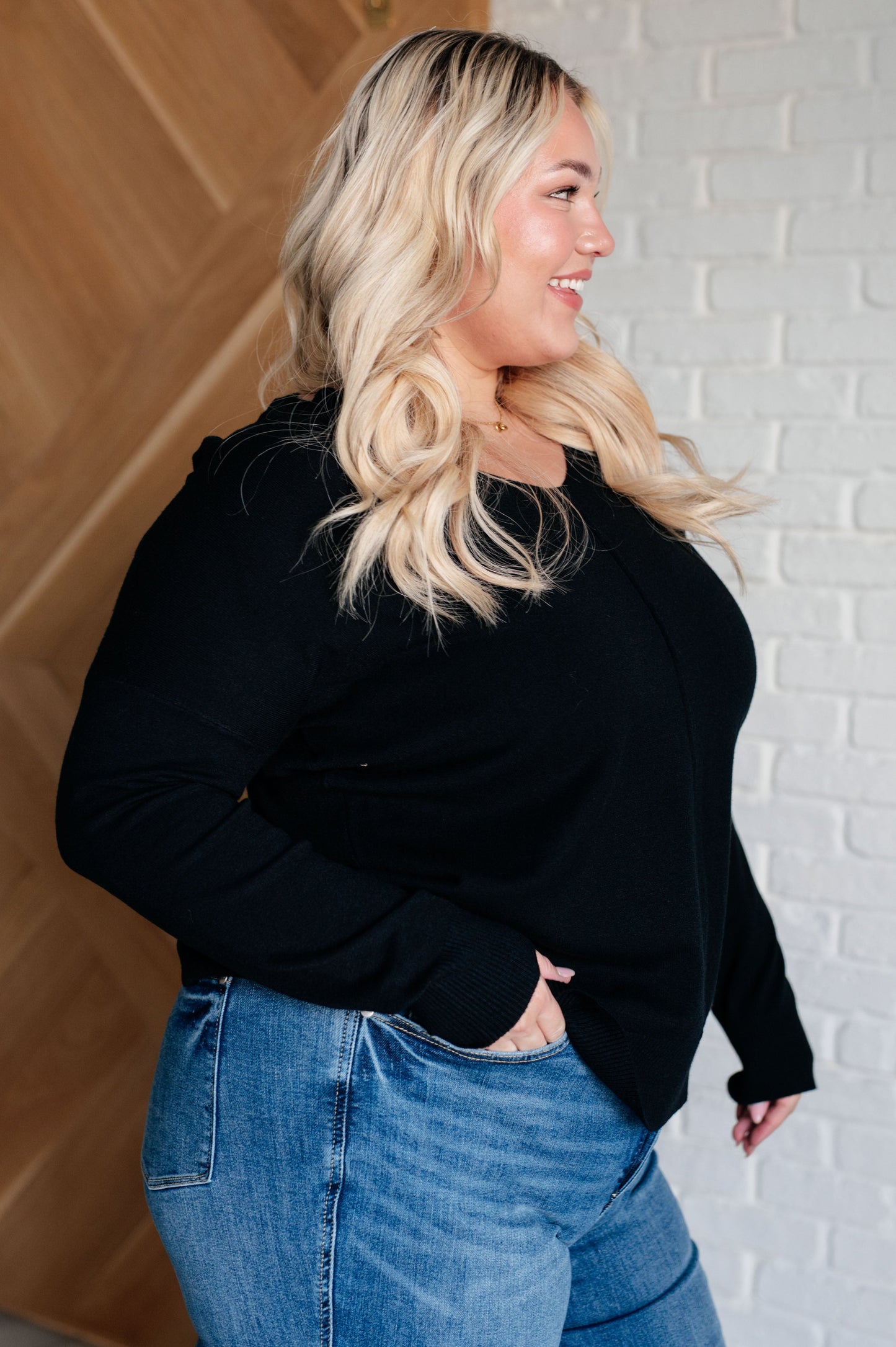 Zenana V-Neck Front Seam Sweater in Black