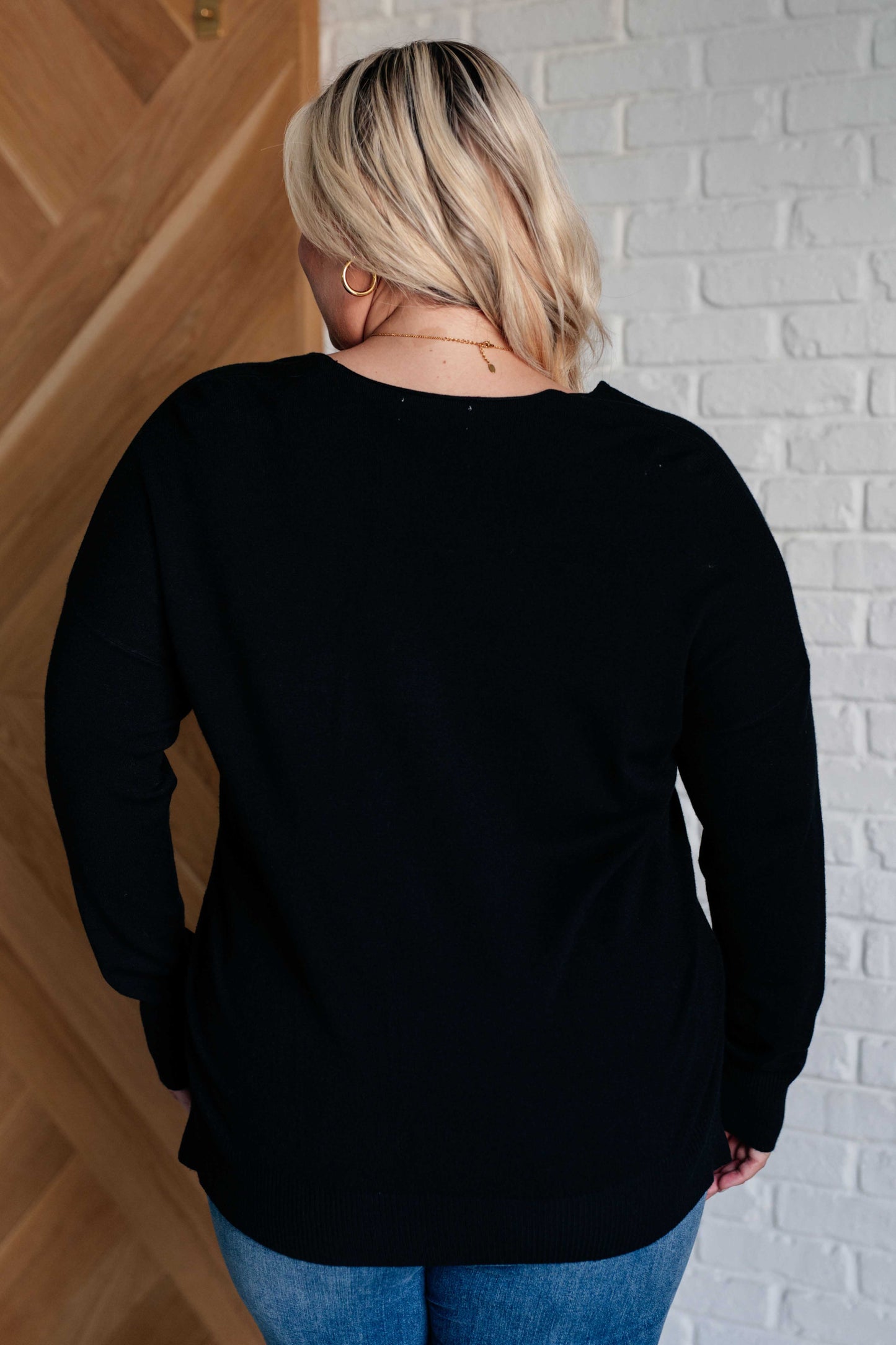 Zenana V-Neck Front Seam Sweater in Black