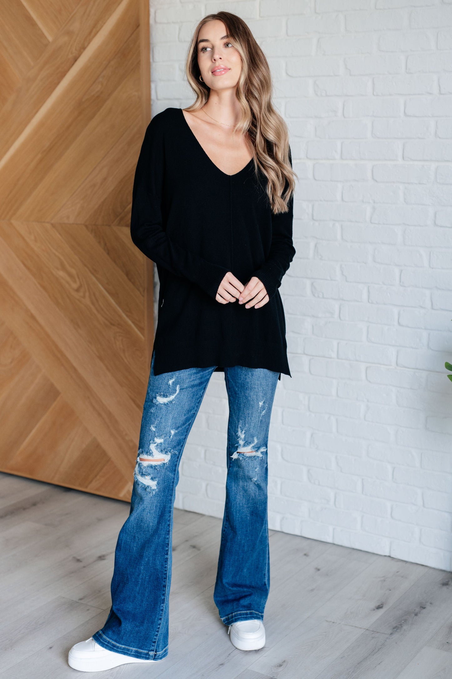 Zenana V-Neck Front Seam Sweater in Black