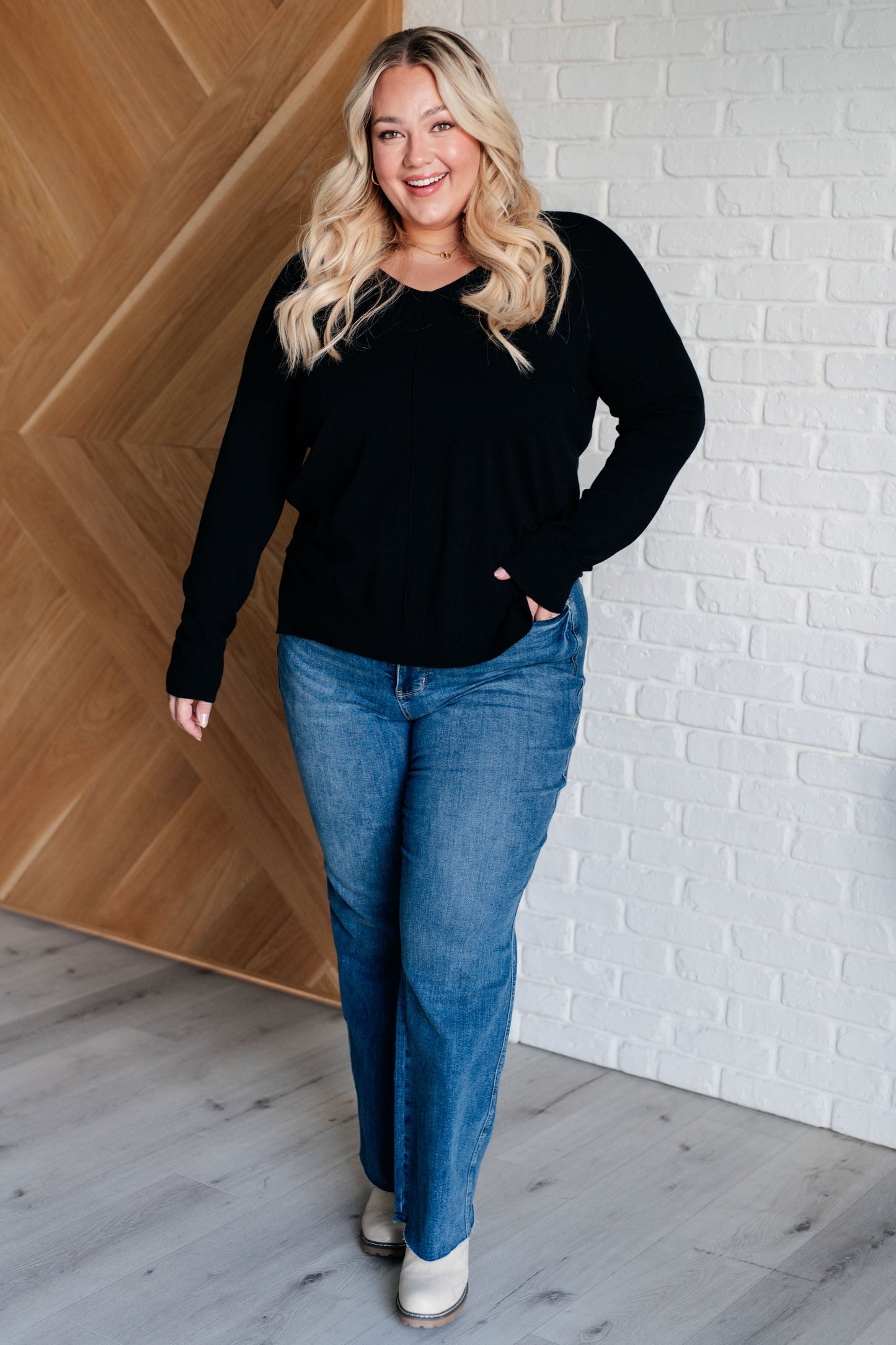 Zenana V-Neck Front Seam Sweater in Black