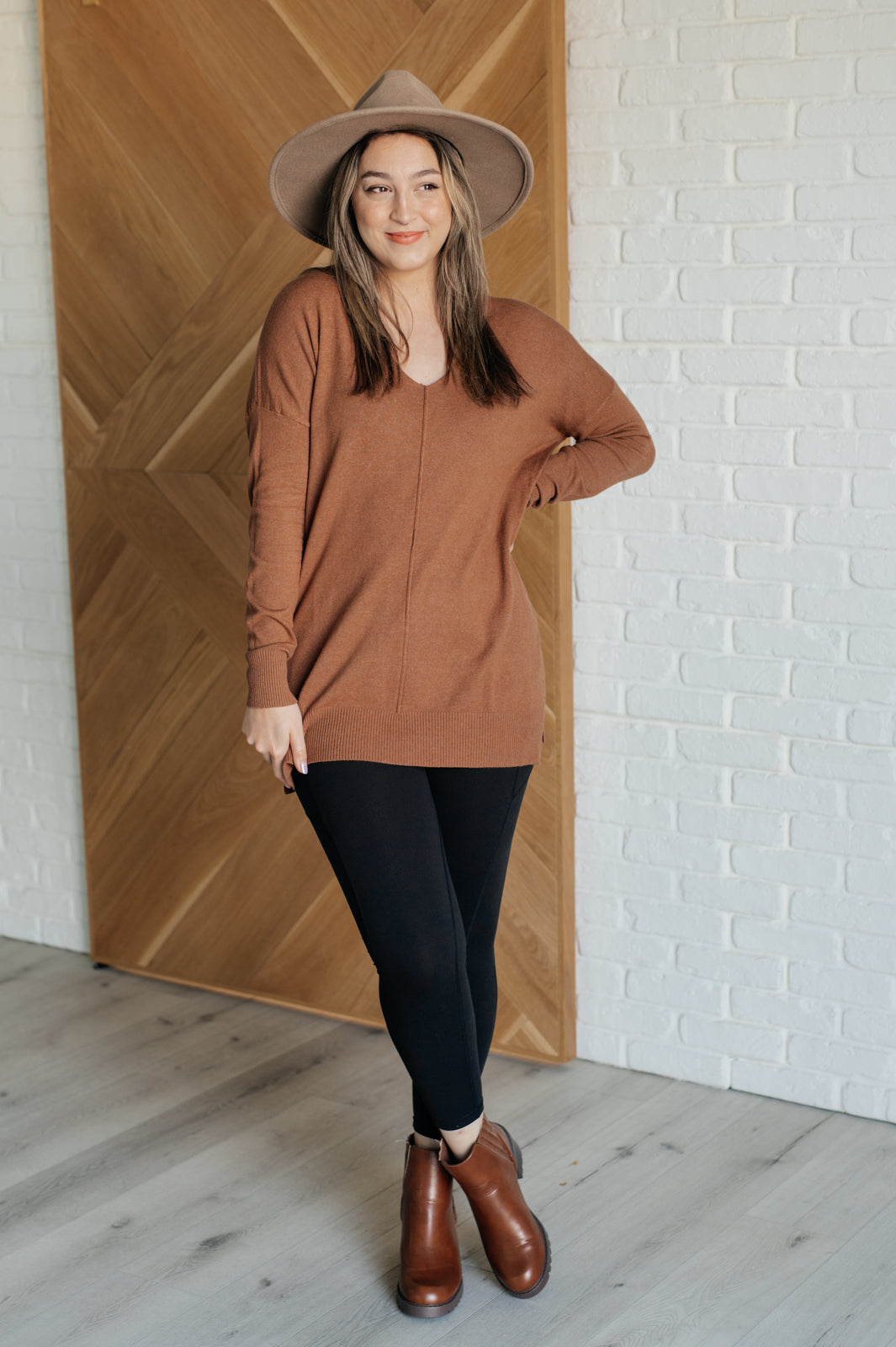 Zenana V-Neck Front Seam Sweater in Deep Camel