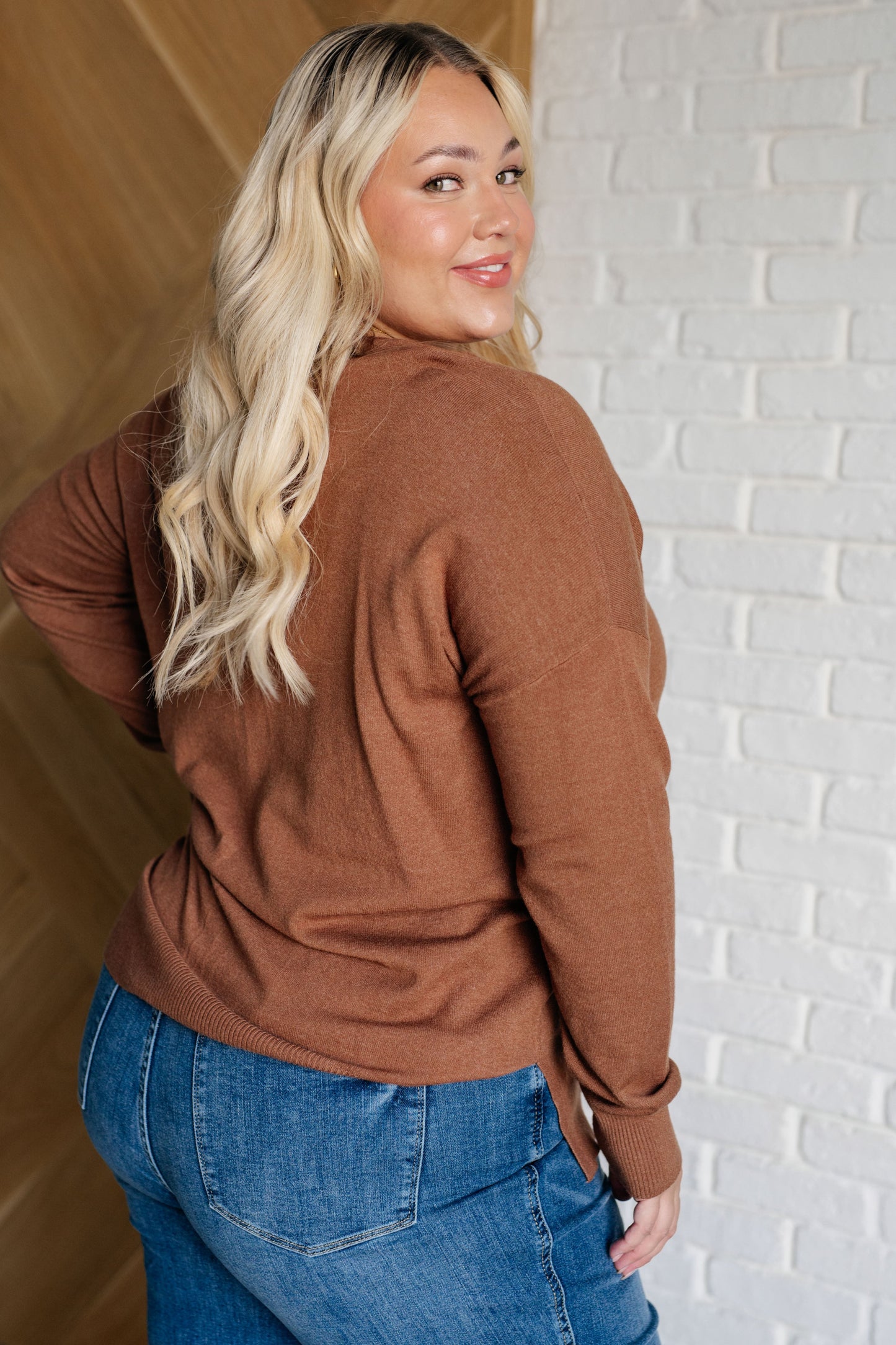 Zenana V-Neck Front Seam Sweater in Deep Camel