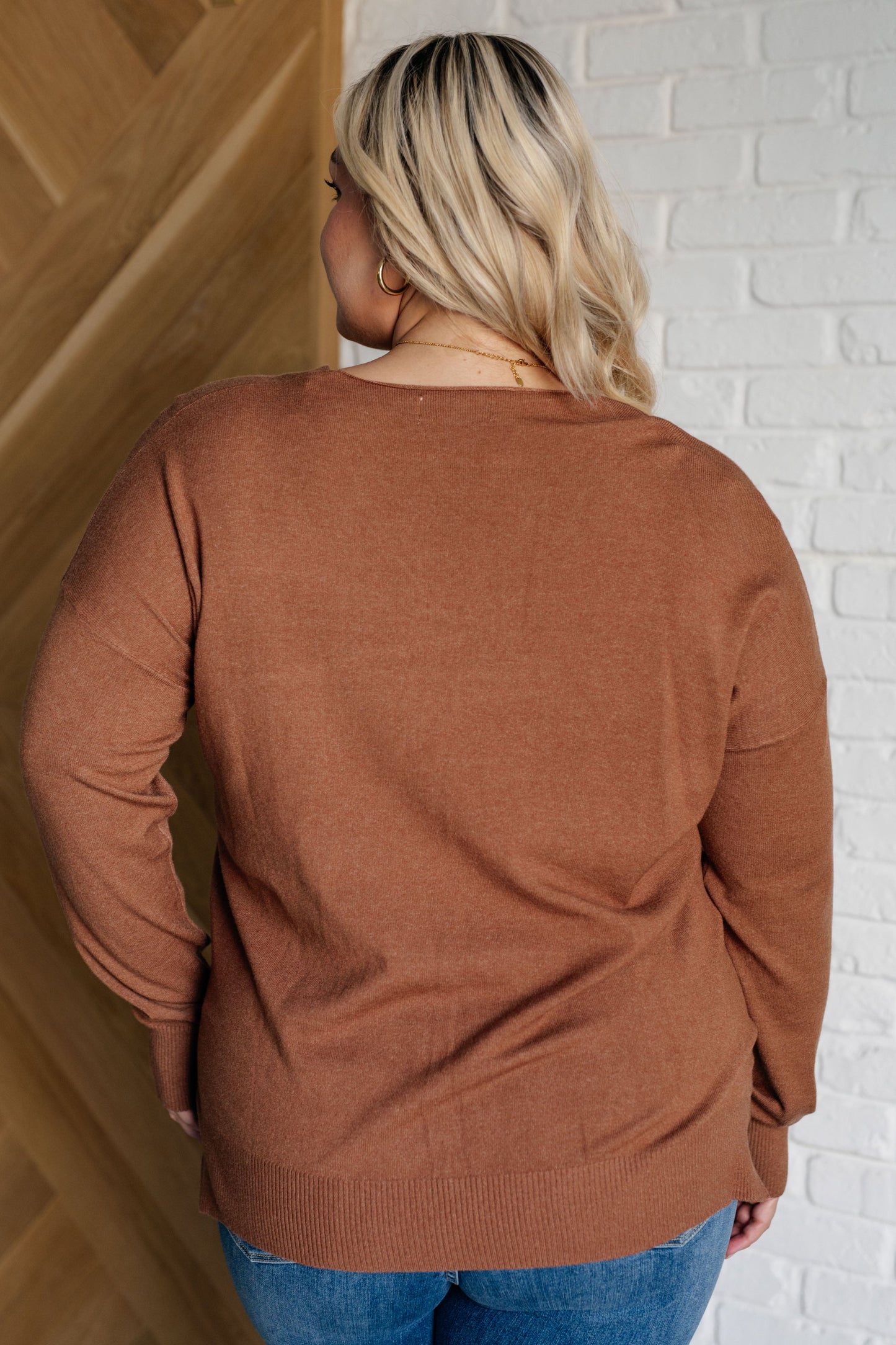 Zenana V-Neck Front Seam Sweater in Deep Camel