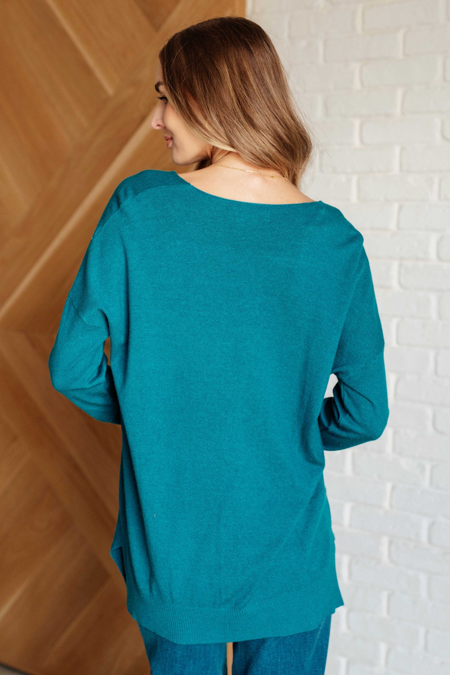 Zenana-V-Neck Front Seam Sweater in Heather Ocean Teal