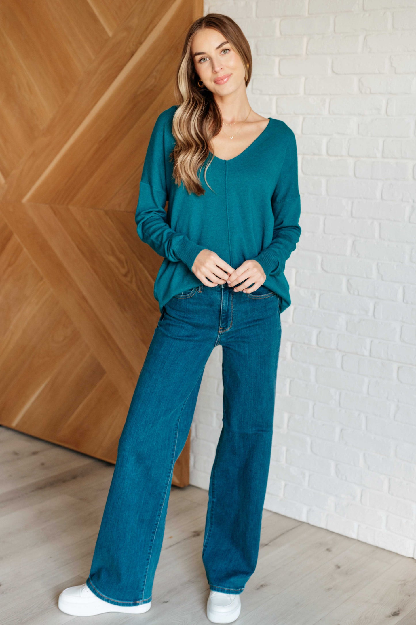 Zenana-V-Neck Front Seam Sweater in Heather Ocean Teal